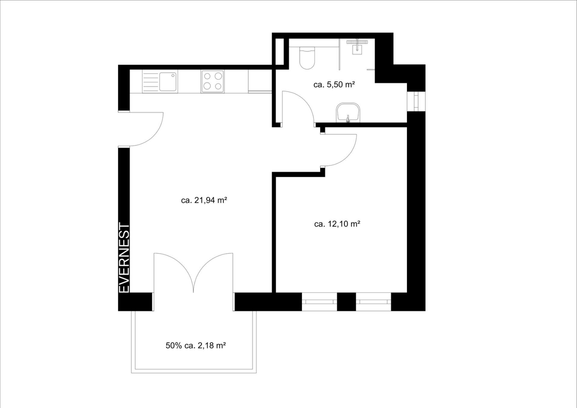 Grundriss einer Wohnung mit drei Räumen, Küche, Bad und Balkon, Flächenangaben in Quadratmetern.