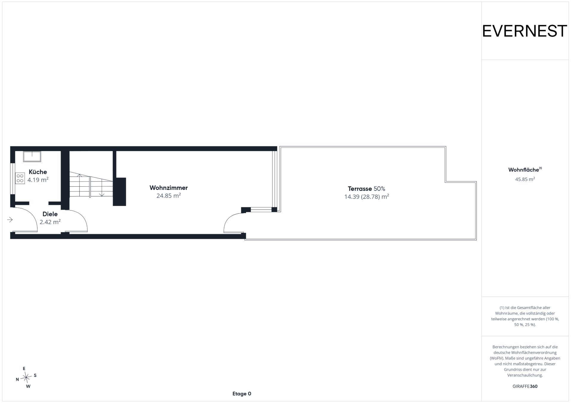 Grundriss mit Diele, Küche, Wohnzimmer und großer Terrasse auf einer Etage.