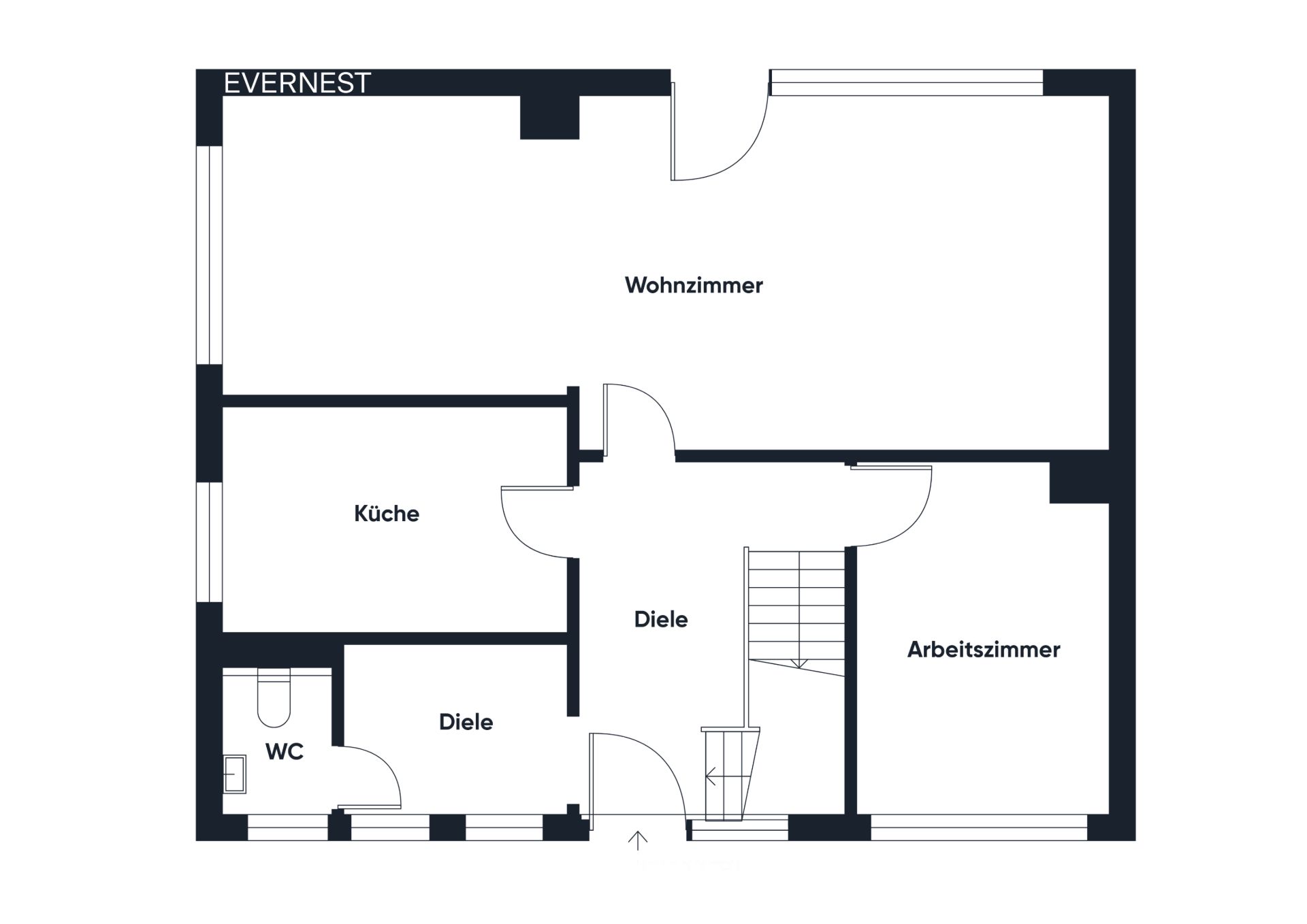 Grundriss mit Wohnzimmer, Küche, WC, Arbeitszimmer und Diele.