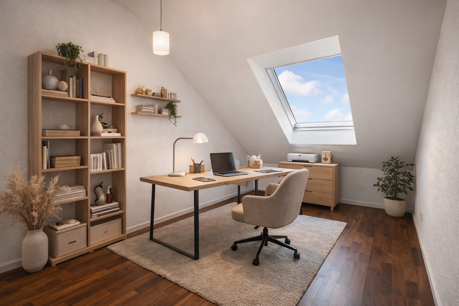 Modernes Arbeitszimmer mit Schreibtisch, Regal, Stuhl und großem Dachfenster auf Holzfußboden.