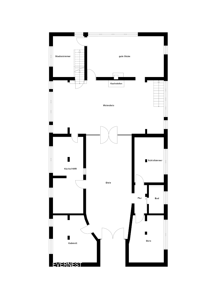 Grundriss eines Hauses mit Diele, Wohnhalle, Küche, Bad, Büro, Schlafzimmer und weiteren Räumen.