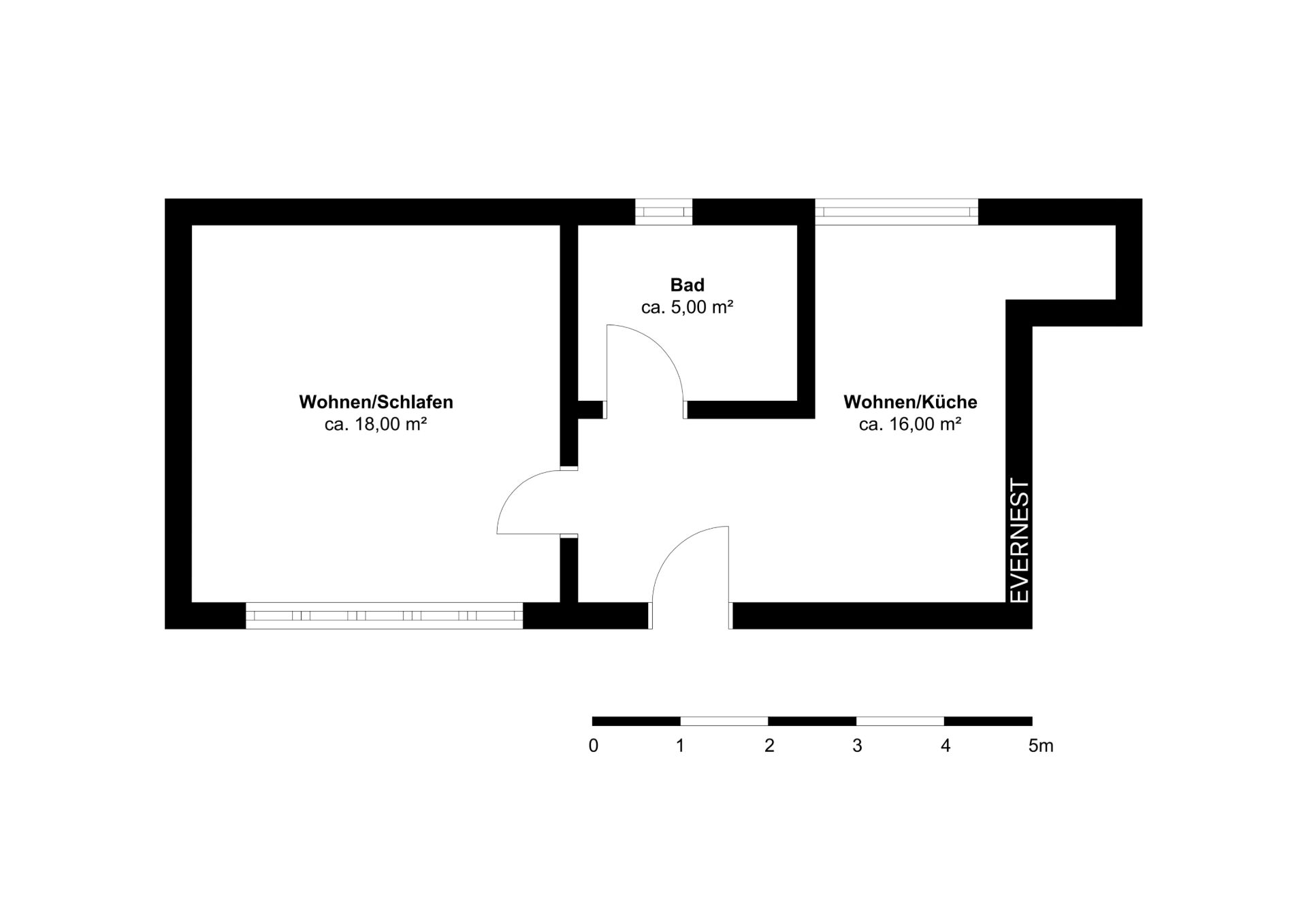 Grundriss einer Wohnung mit Wohn-/Schlafraum, Wohnküche und Bad.