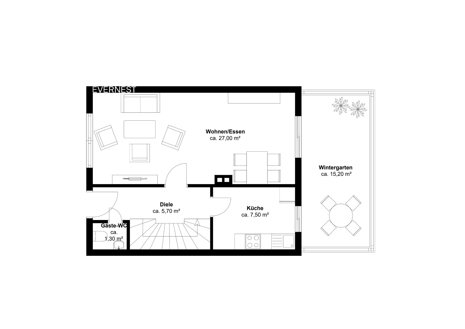 Grundriss mit Wohn-/Essbereich, Küche, Wintergarten, Diele und Gäste-WC.