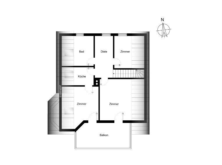 Grundriss mit Diele, Bad, Küche, drei Zimmern und Balkon.