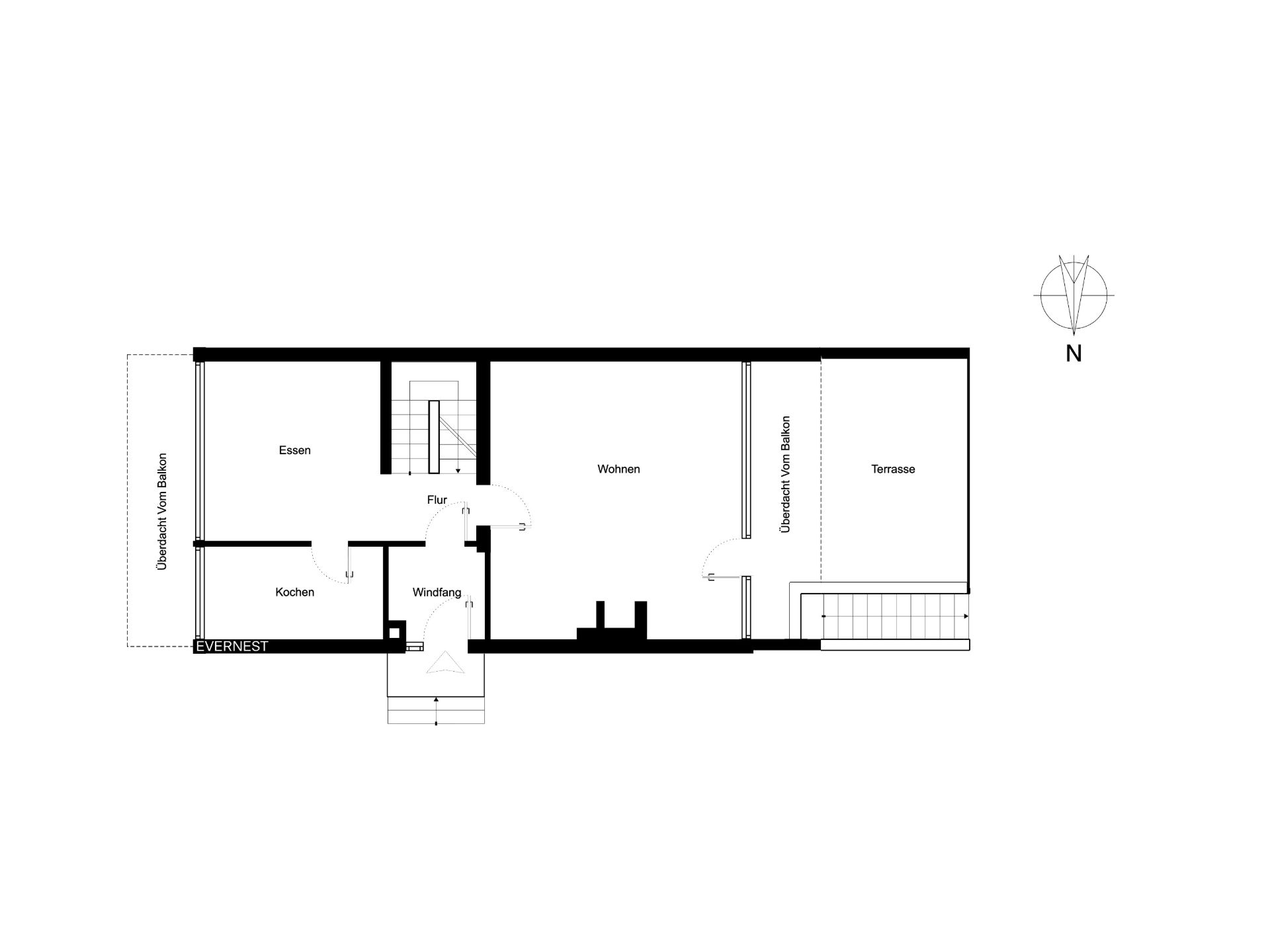 Grundriss mit Küche, Esszimmer, Wohnzimmer, Flur, Windfang und Terrasse.