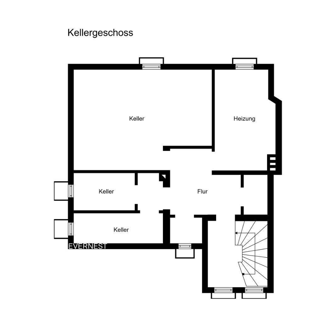 Grundriss eines Kellergeschosses mit mehreren Kellerräumen, Heizungsraum und Flur.