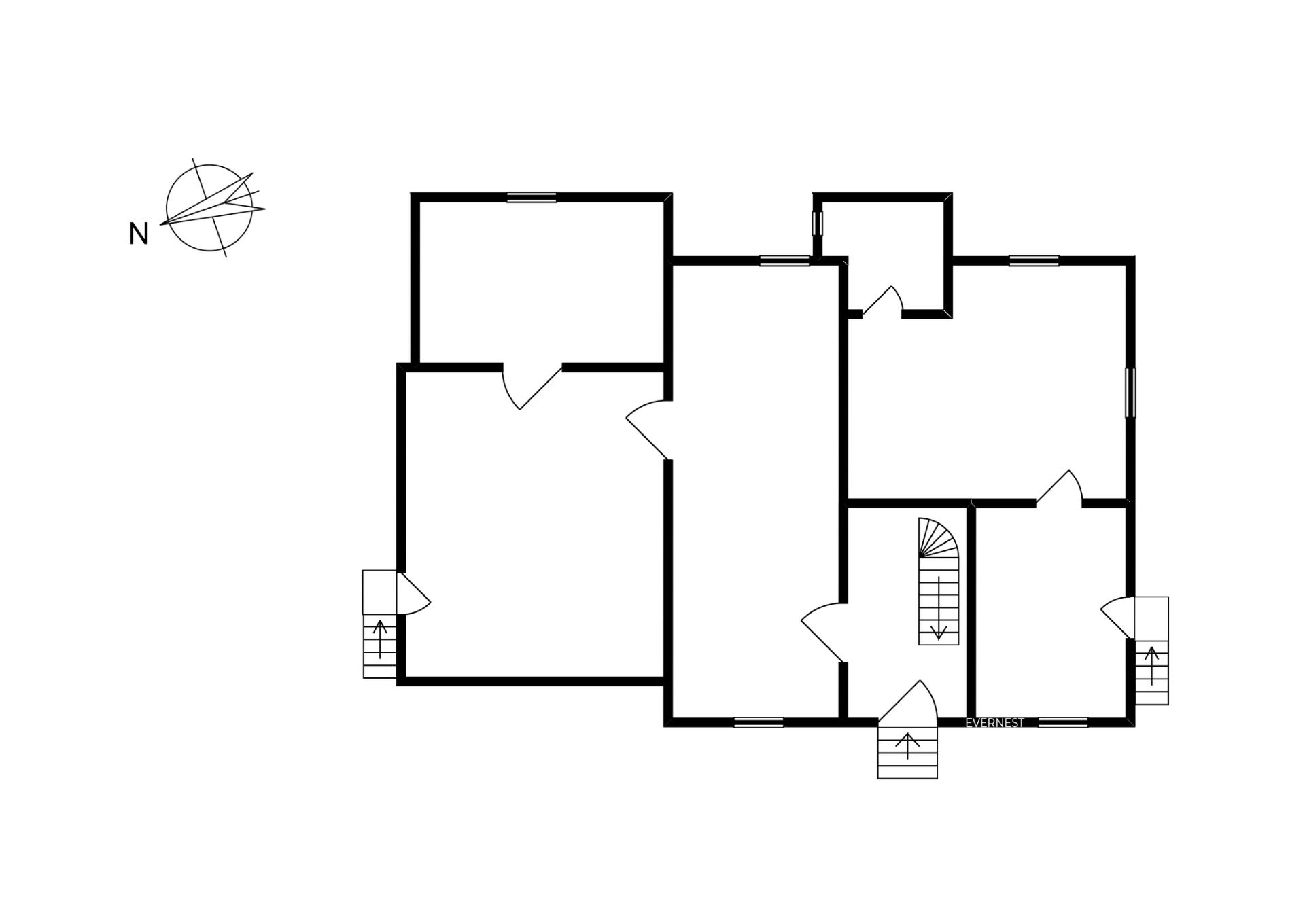 Schwarz-weißer Grundriss mit mehreren Räumen, Türen, Fenstern und Treppen.