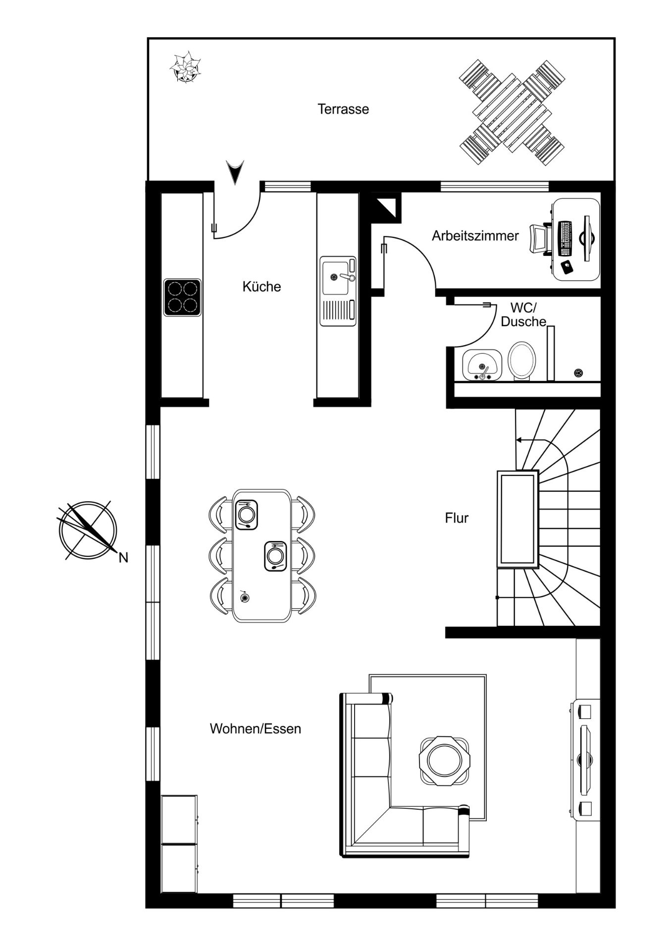 Grundriss mit Wohnzimmer, Essbereich, Küche, Arbeitszimmer, WC/Dusche und Terrasse.