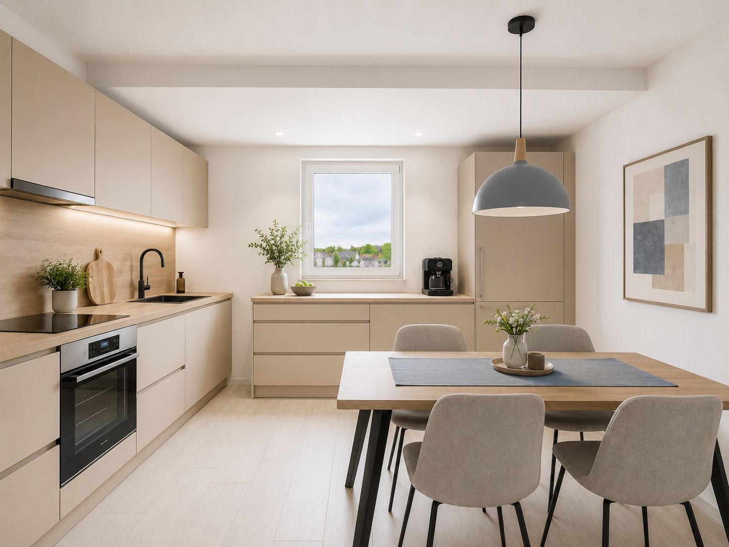 Moderne Küche mit Esstisch, vier Stühlen, Hängelampe und Fenster mit Blick nach draußen.