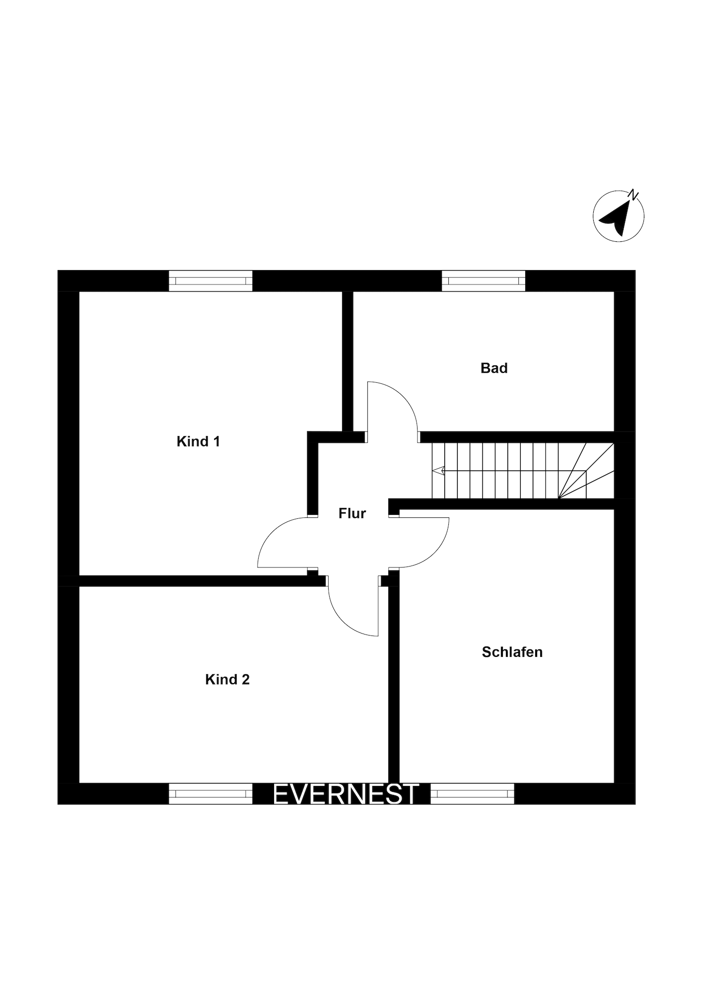 Grundriss mit Flur, zwei Kinderzimmern, Schlafzimmer, Bad und Treppe.