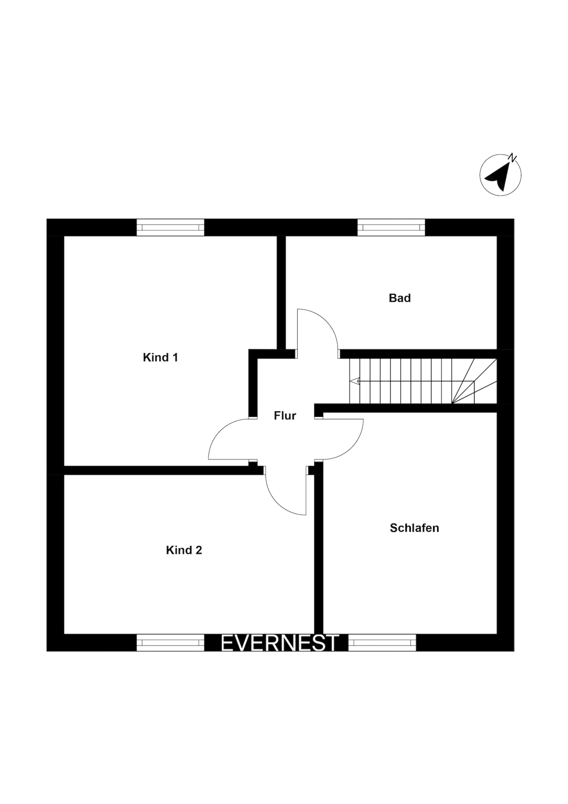 Grundriss mit Flur, zwei Kinderzimmern, Schlafzimmer, Bad und Treppe.