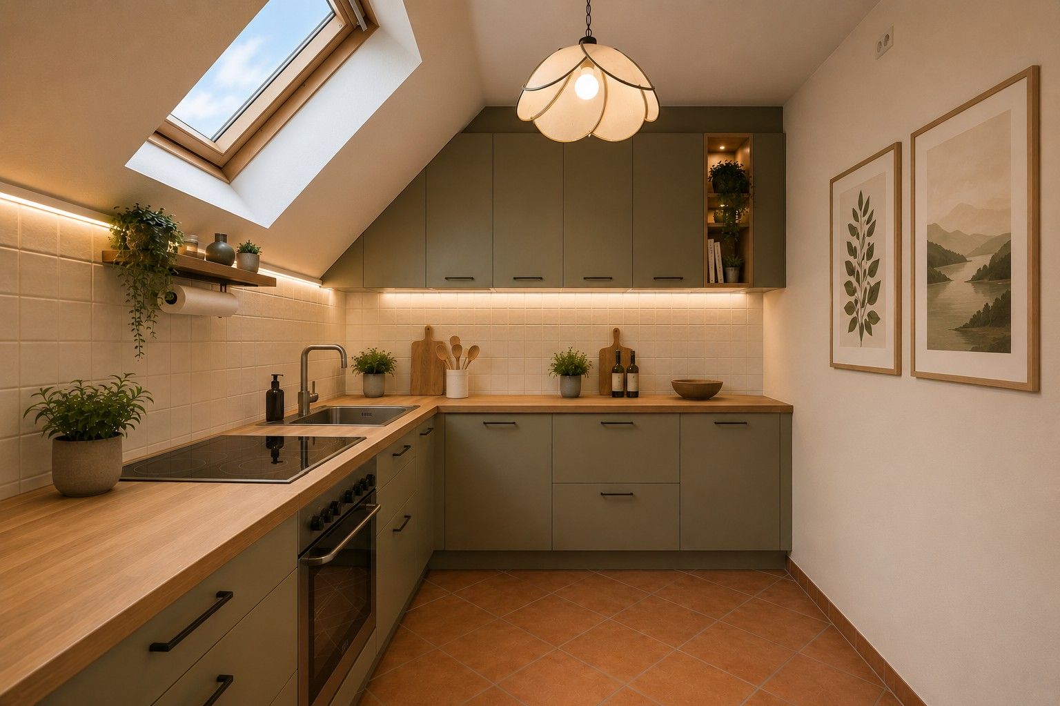 Moderne Küche mit grünen Schränken, Holzarbeitsplatte, Dachfenster und Pflanzen.