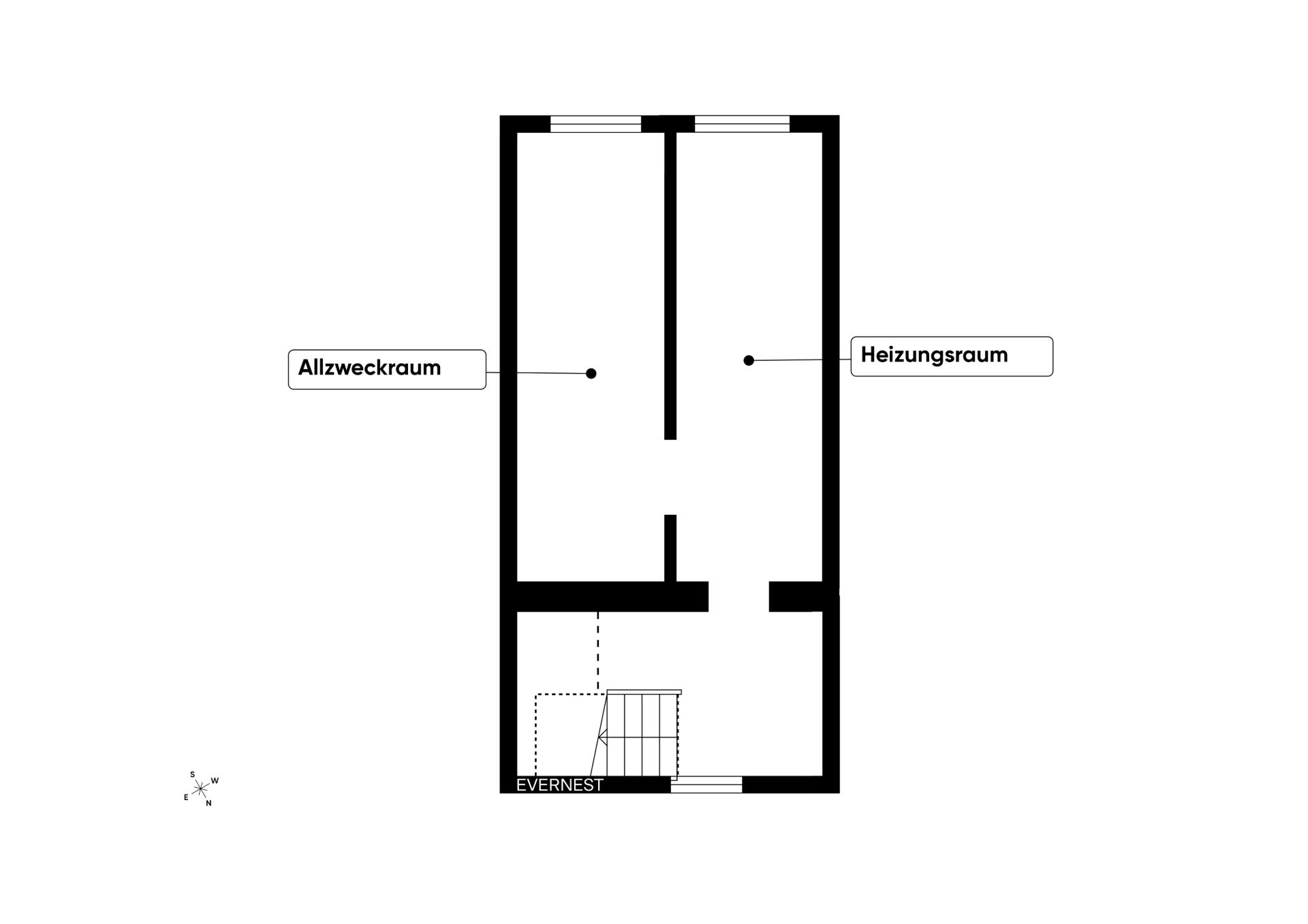 Grundriss mit zwei Räumen: Allzweckraum und Heizungsraum, sowie Treppe unten.
