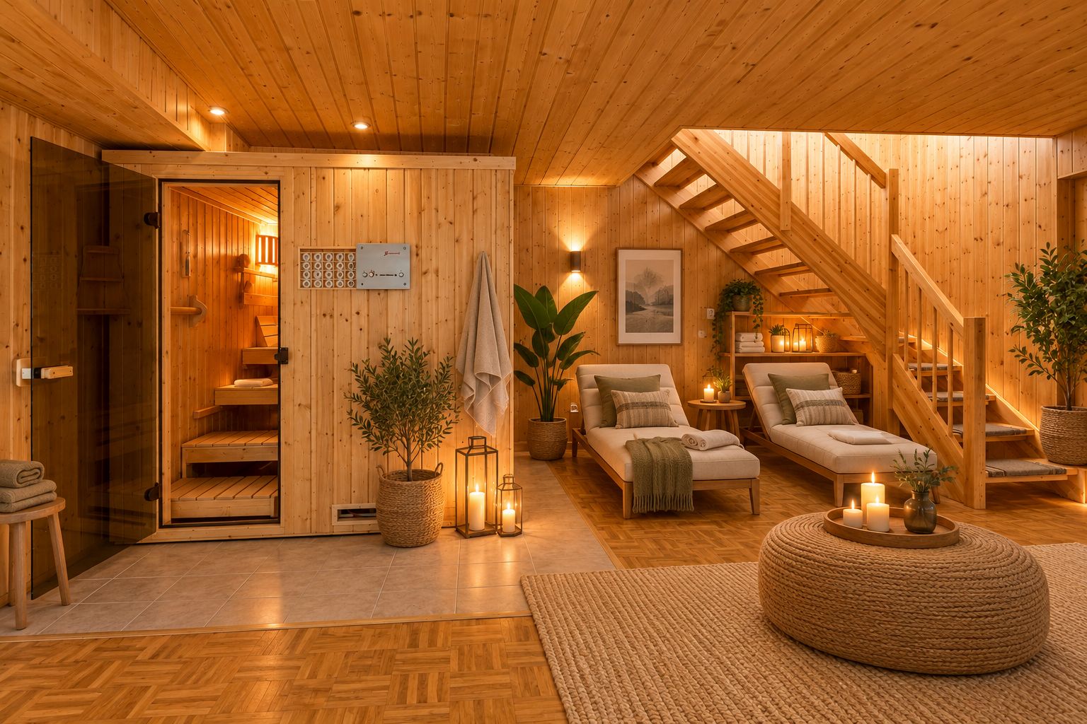 Gemütlicher Raum mit Sauna, Liegen, Pflanzen, Kerzen und Holztreppe, alles in Holzoptik gestaltet.