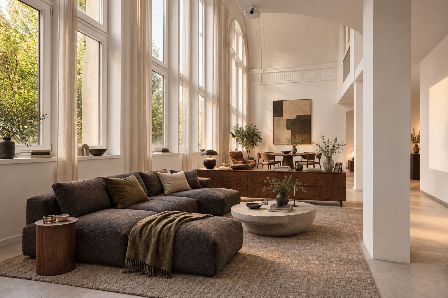 Helles Wohnzimmer mit großen Fenstern, grauem Sofa, rundem Couchtisch und Esstisch im Hintergrund.