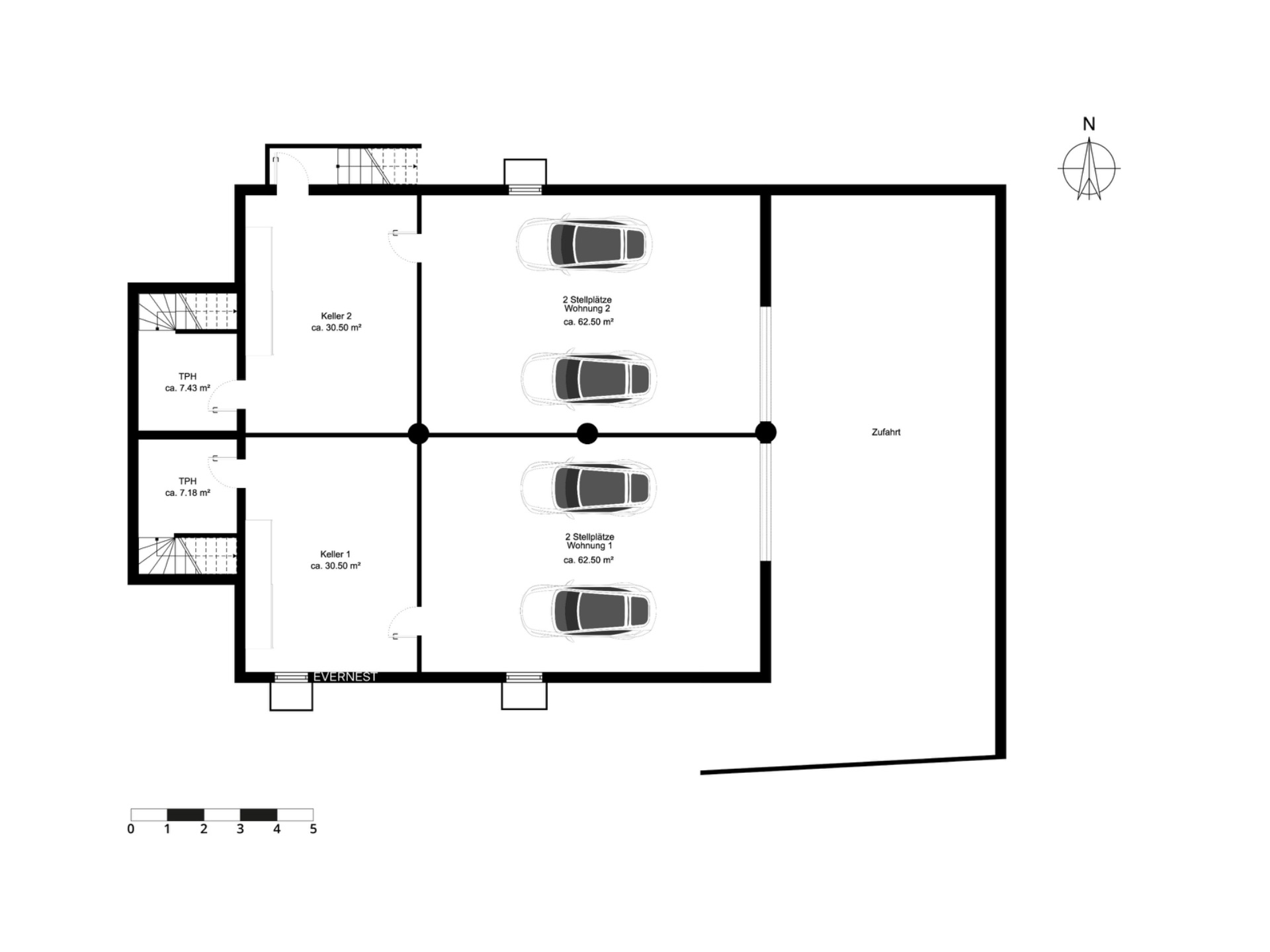 Grundriss eines Untergeschosses mit vier Parkplätzen und zwei Kellerräumen.