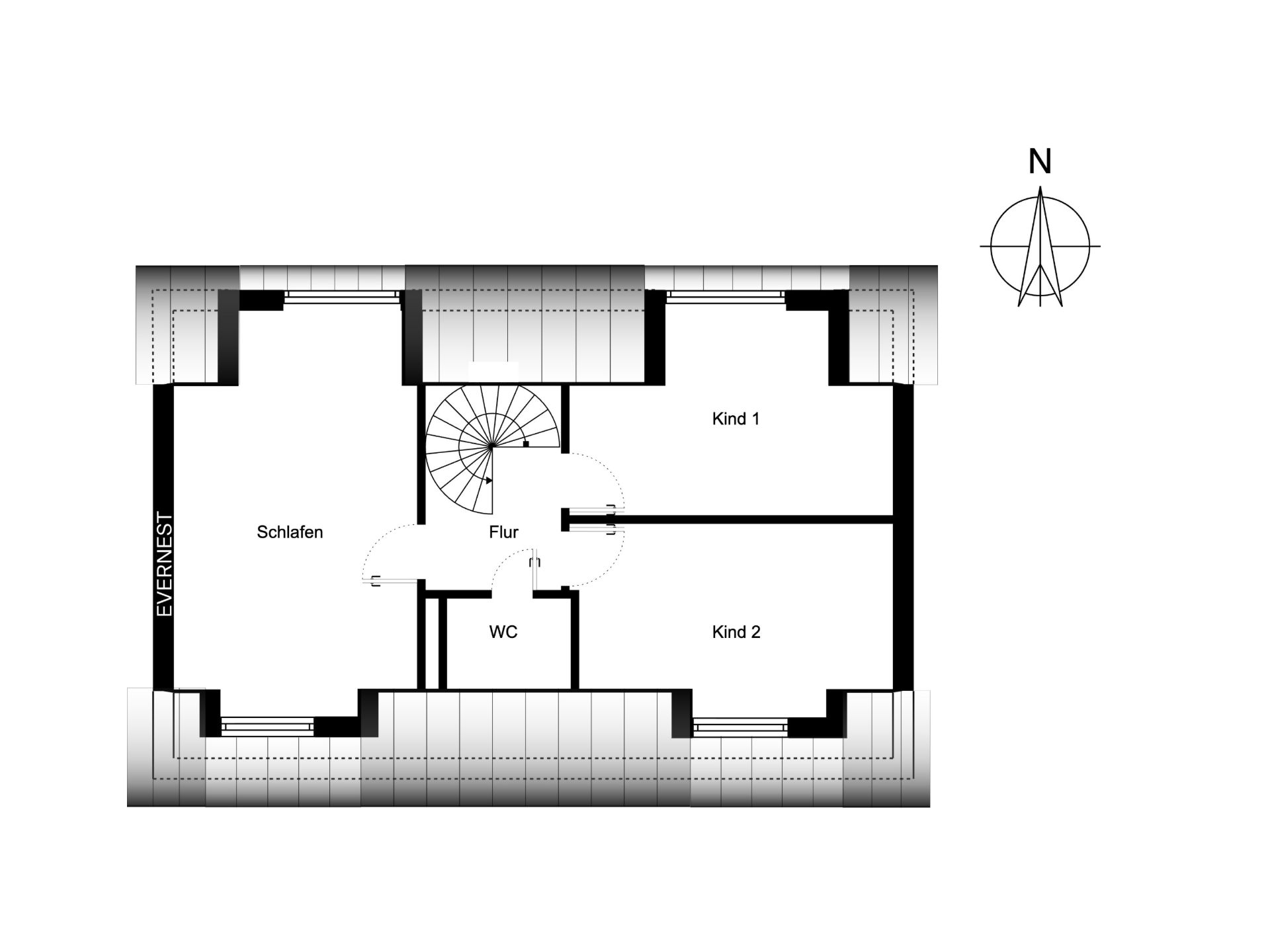 Grundriss mit Schlafzimmer, zwei Kinderzimmern, Flur und WC.