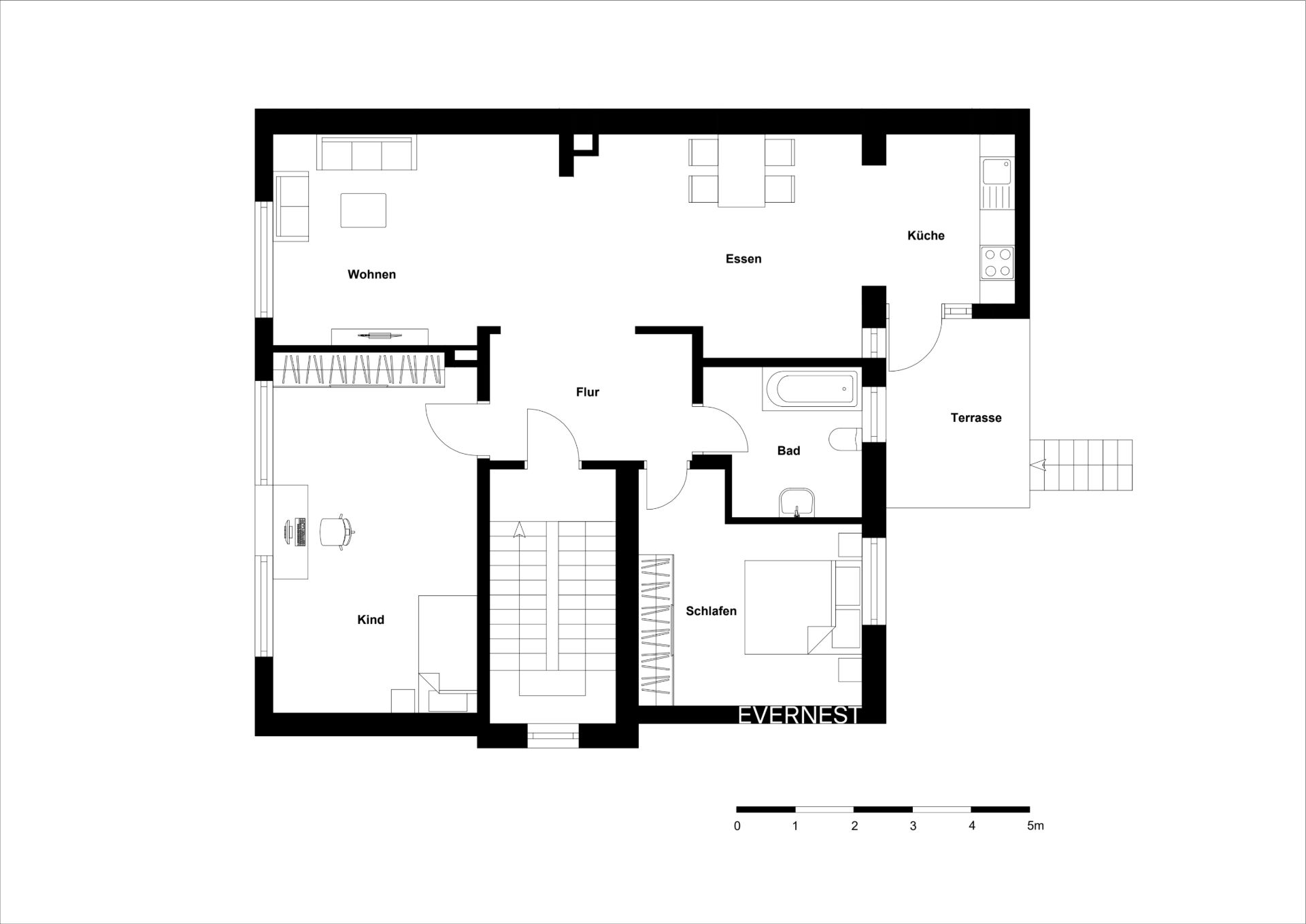 Grundriss einer Wohnung mit Wohn-, Esszimmer, Küche, Bad, Kinderzimmer, Schlafzimmer und Terrasse.