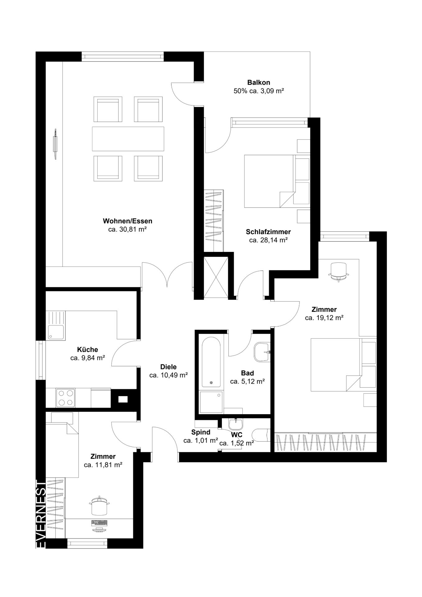 Grundriss einer Wohnung mit drei Zimmern, Küche, Bad, WC und Balkon.