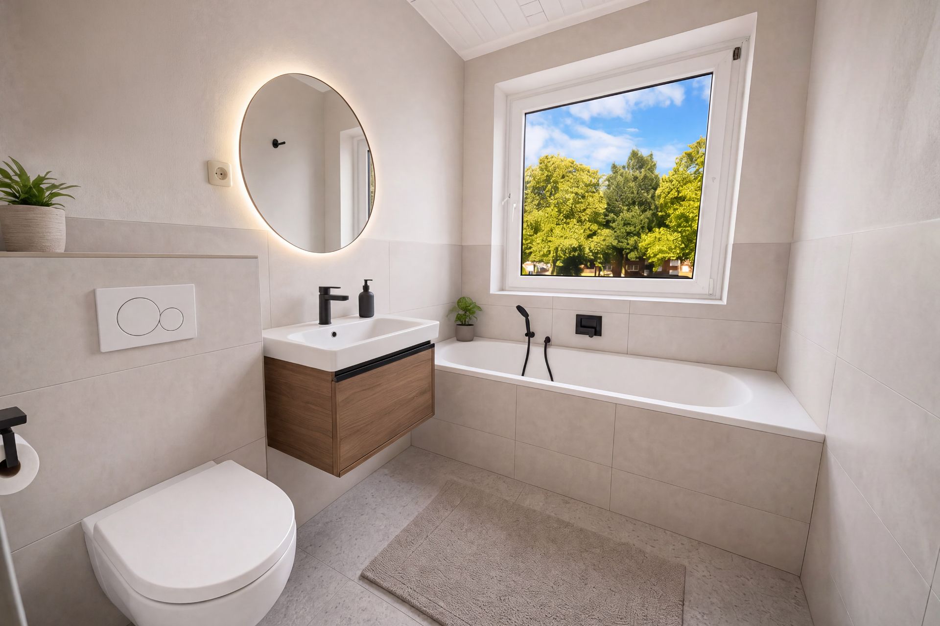 Modernes Badezimmer mit Badewanne, rundem Spiegel, Toilette und großem Fenster mit Blick ins Grüne.