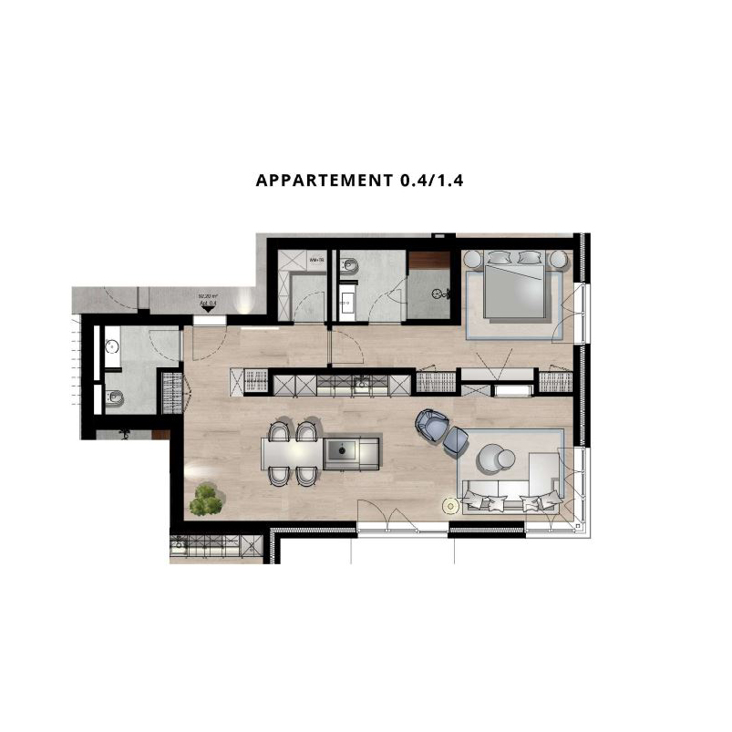Grundriss einer Wohnung mit Schlafzimmer, Wohnzimmer, Küche, Bad und Balkon.