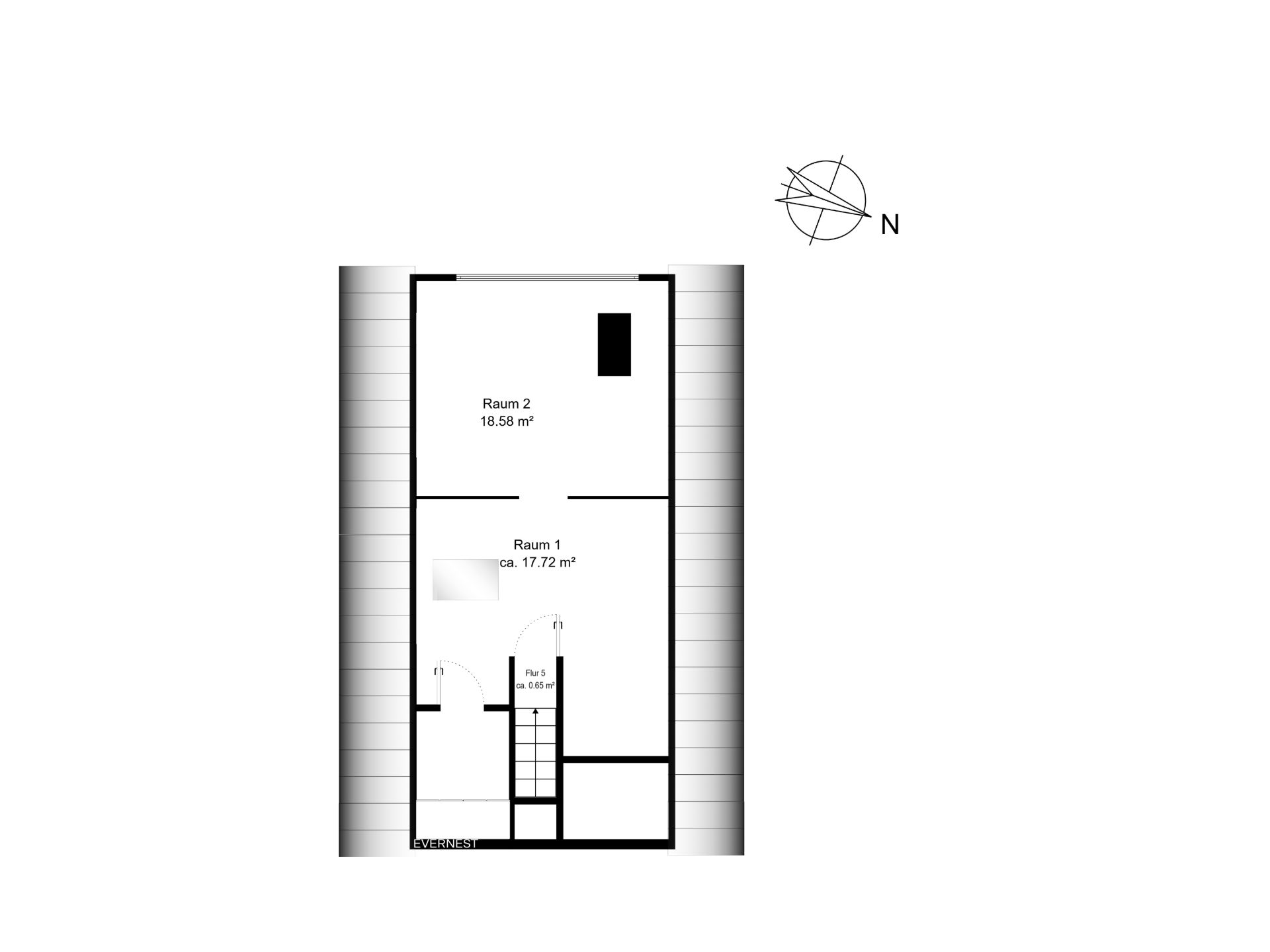 Grundriss mit zwei Räumen, Flur und Treppe, Raumgrößen sind angegeben.