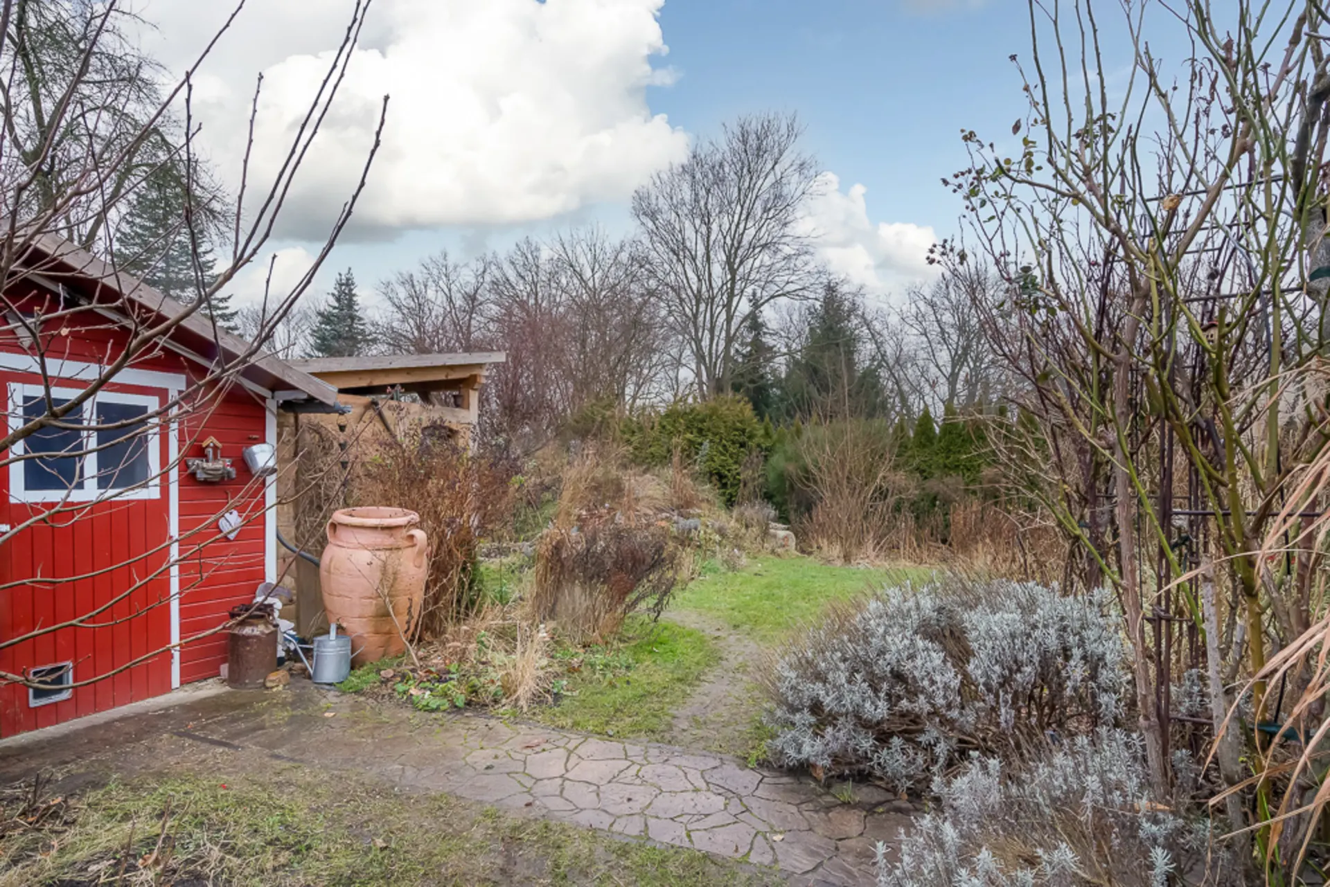 Garten mit rotem Holzschuppen, Terrakotta-Topf und überwiegend winterlichen Pflanzen.