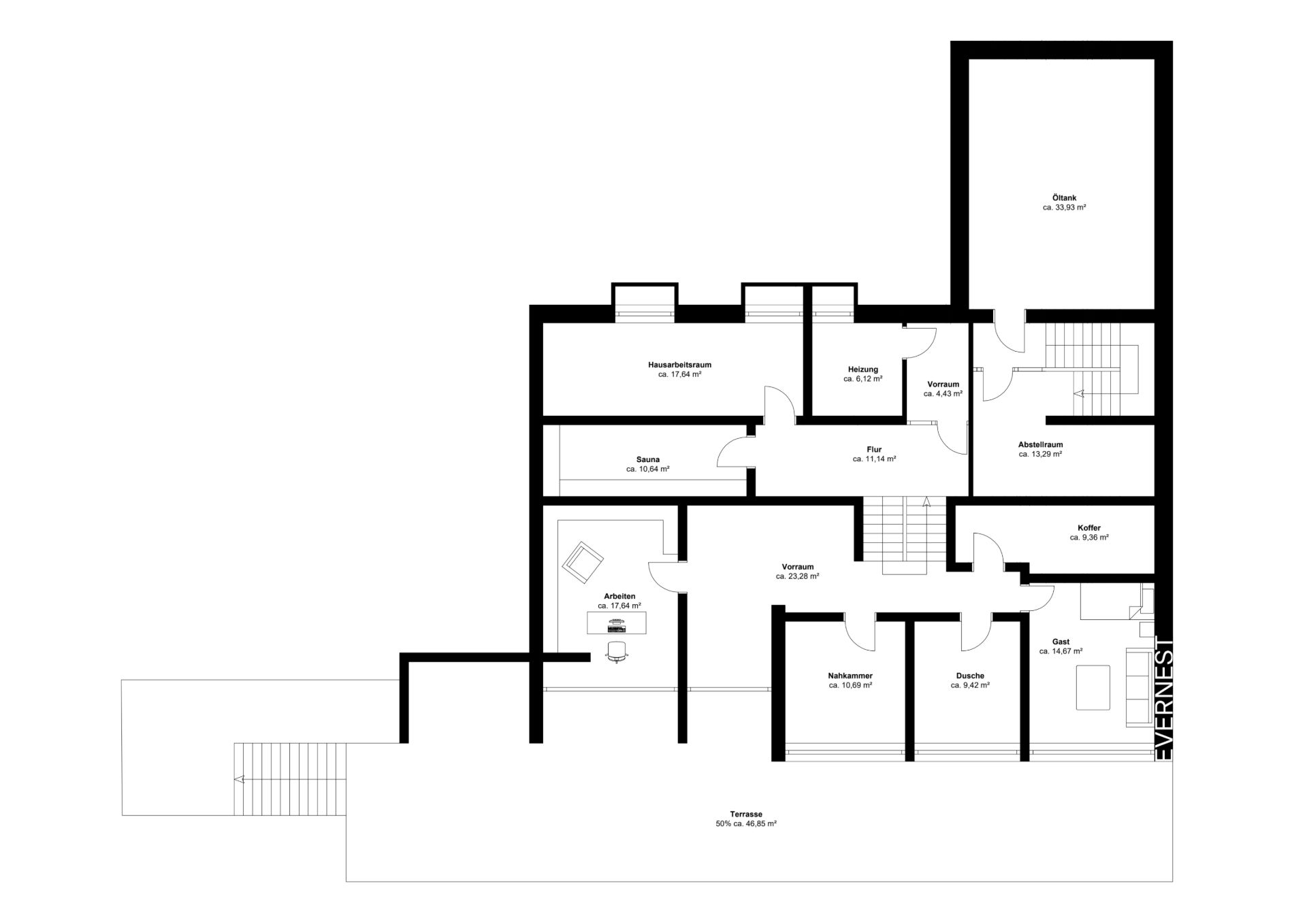 Grundriss eines Hauses mit mehreren Zimmern, Terrasse, Sauna und Hobbyraum.