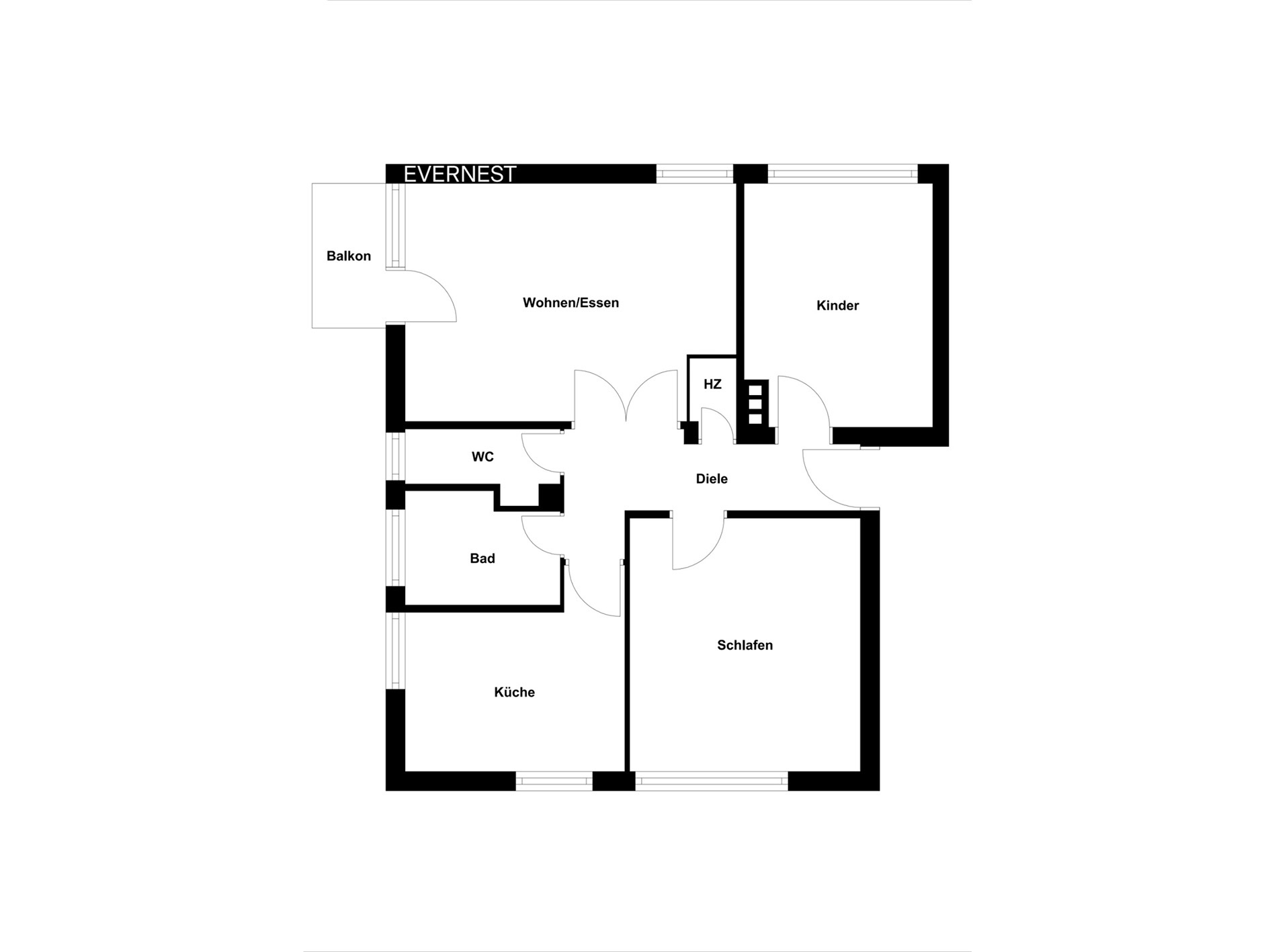 Grundriss einer Wohnung mit Balkon, Wohn-/Esszimmer, Küche, Bad, WC, Kinder- und Schlafzimmer.