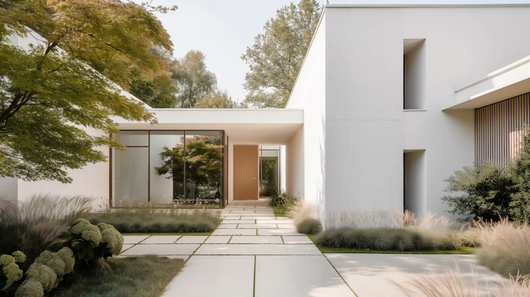 Moderner Eingangsbereich eines Hauses mit viel Glas, großen Pflanzen und weißen Wänden.