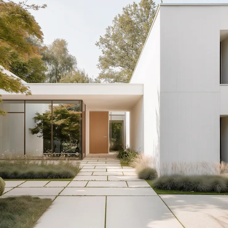Moderner Eingangsbereich eines Hauses mit viel Glas, großen Pflanzen und weißen Wänden.