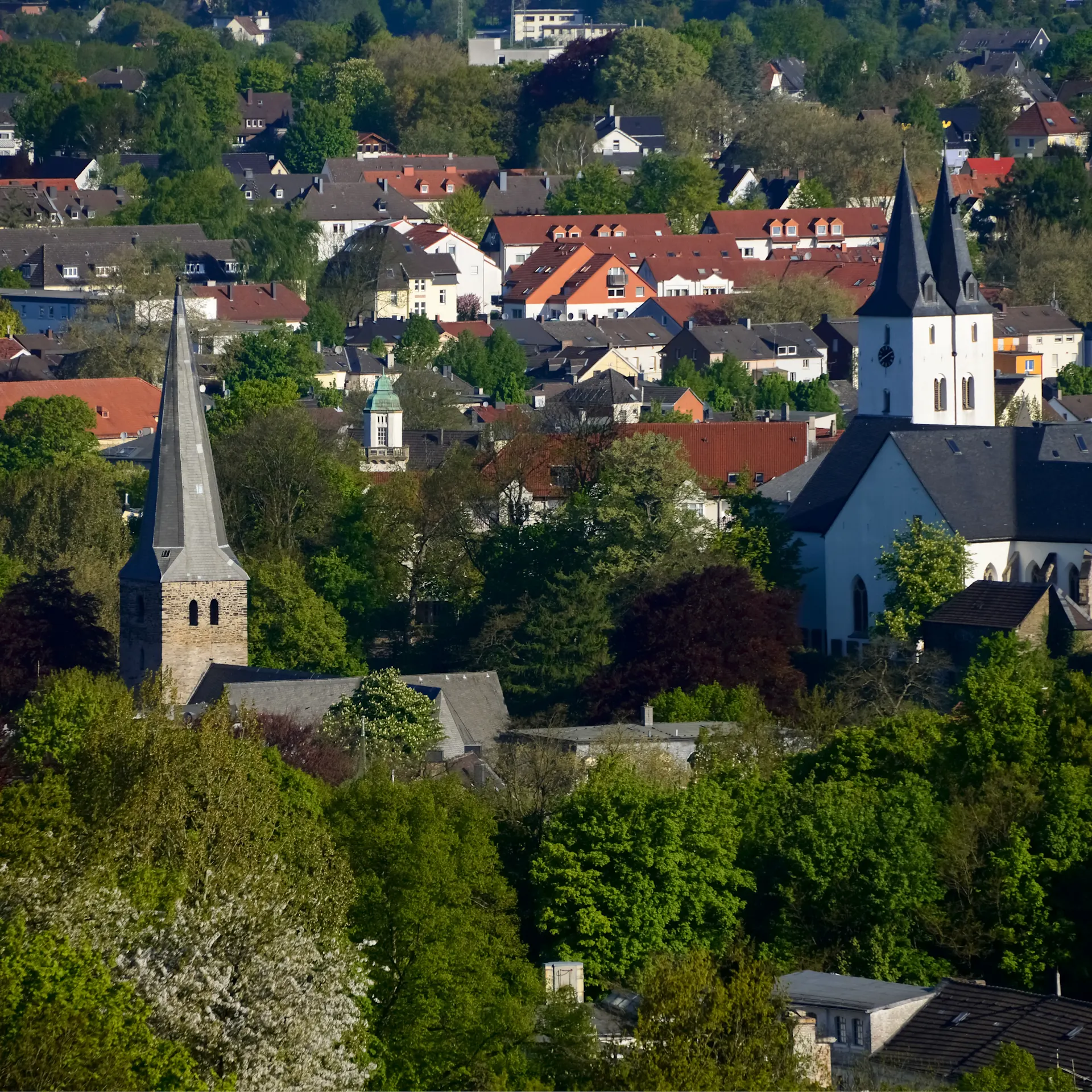 Stadtansicht mit vielen Wohnhäusern, Bäumen und zwei Kirchen mit Türmen.