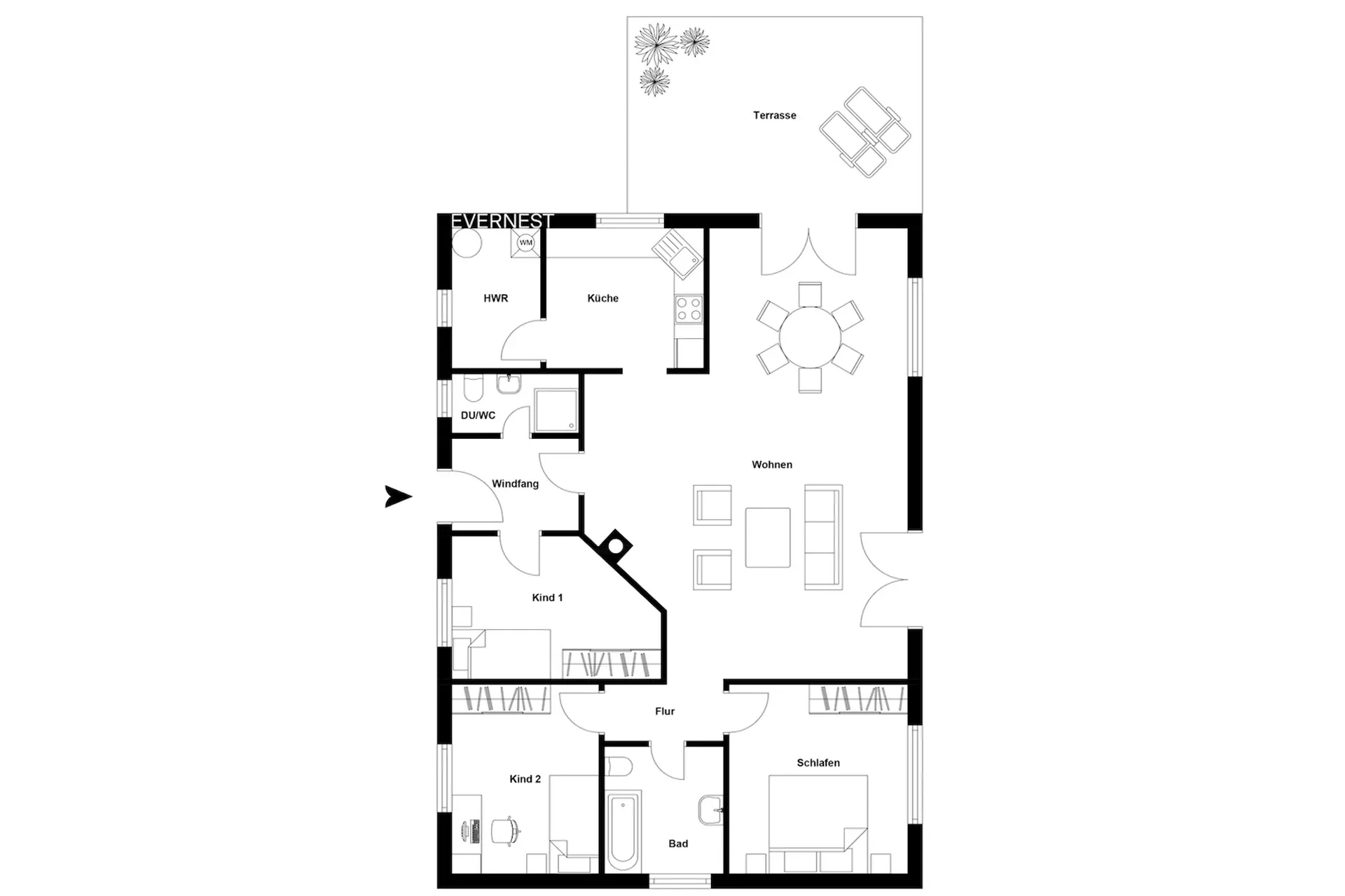 Grundriss einer Wohnung mit Wohnzimmer, Küche, Bad, Schlafzimmer, zwei Kinderzimmern und Terrasse.