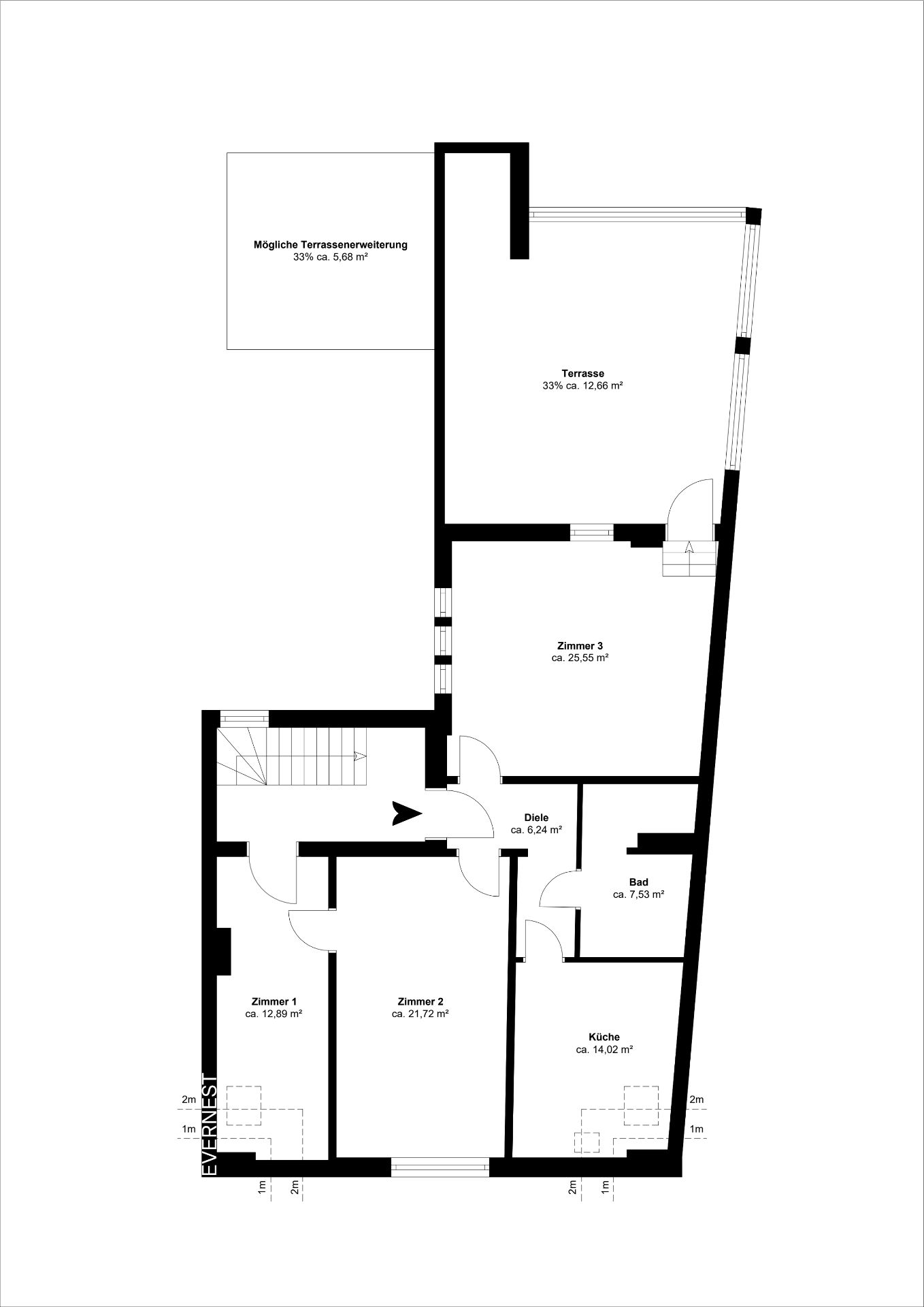 Grundriss einer Wohnung mit drei Zimmern, Küche, Bad, Diele und Terrasse.