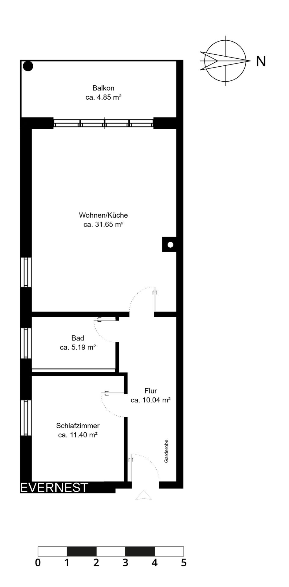 Wohnungsgrundriss mit Balkon, Wohnküche, Bad, Schlafzimmer und Flur, Flächenangaben in Quadratmetern.