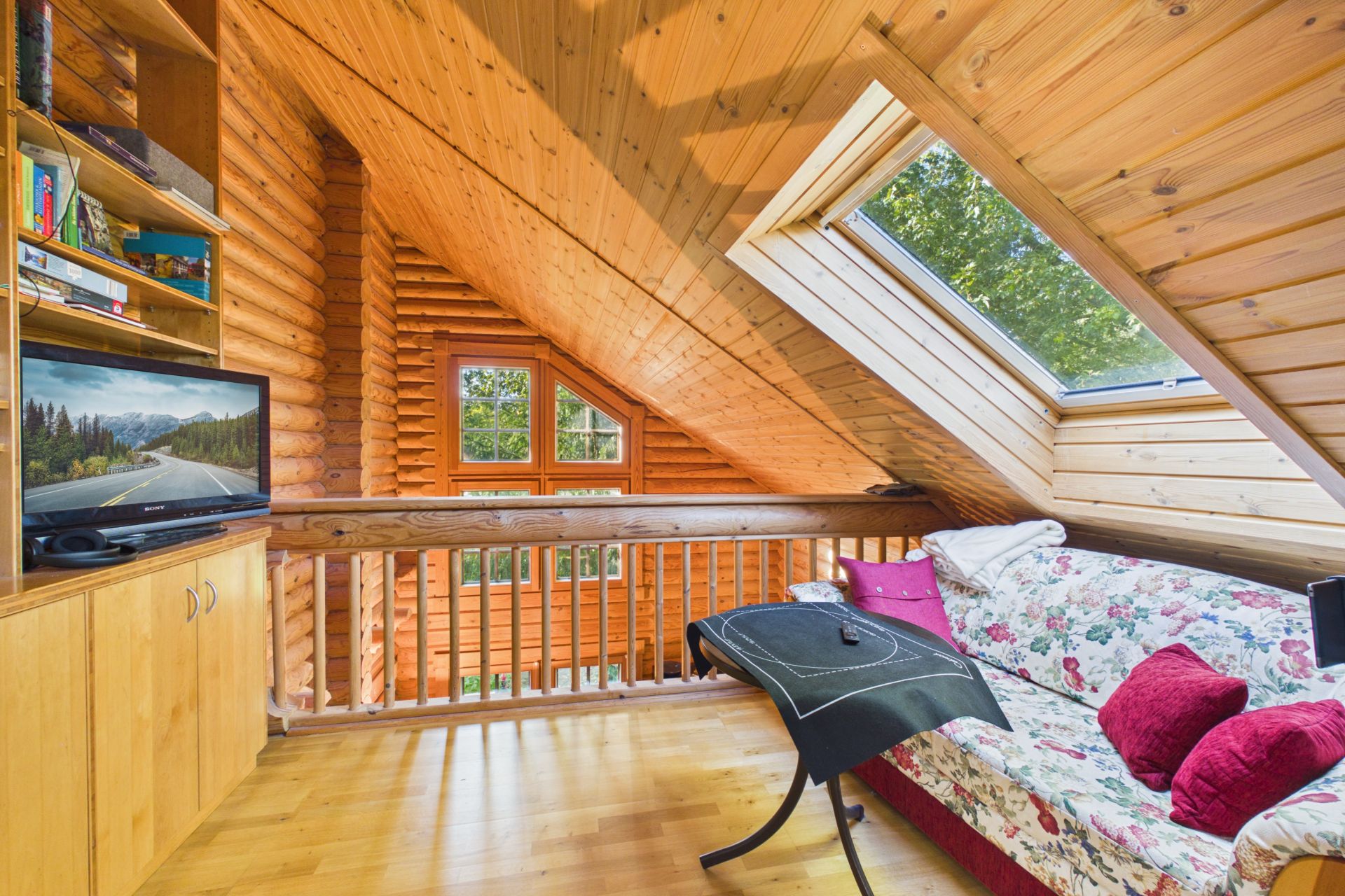 Gemütliches Zimmer mit Holzverkleidung, Sofa, Fernseher, Bücherregal und großem Dachfenster.