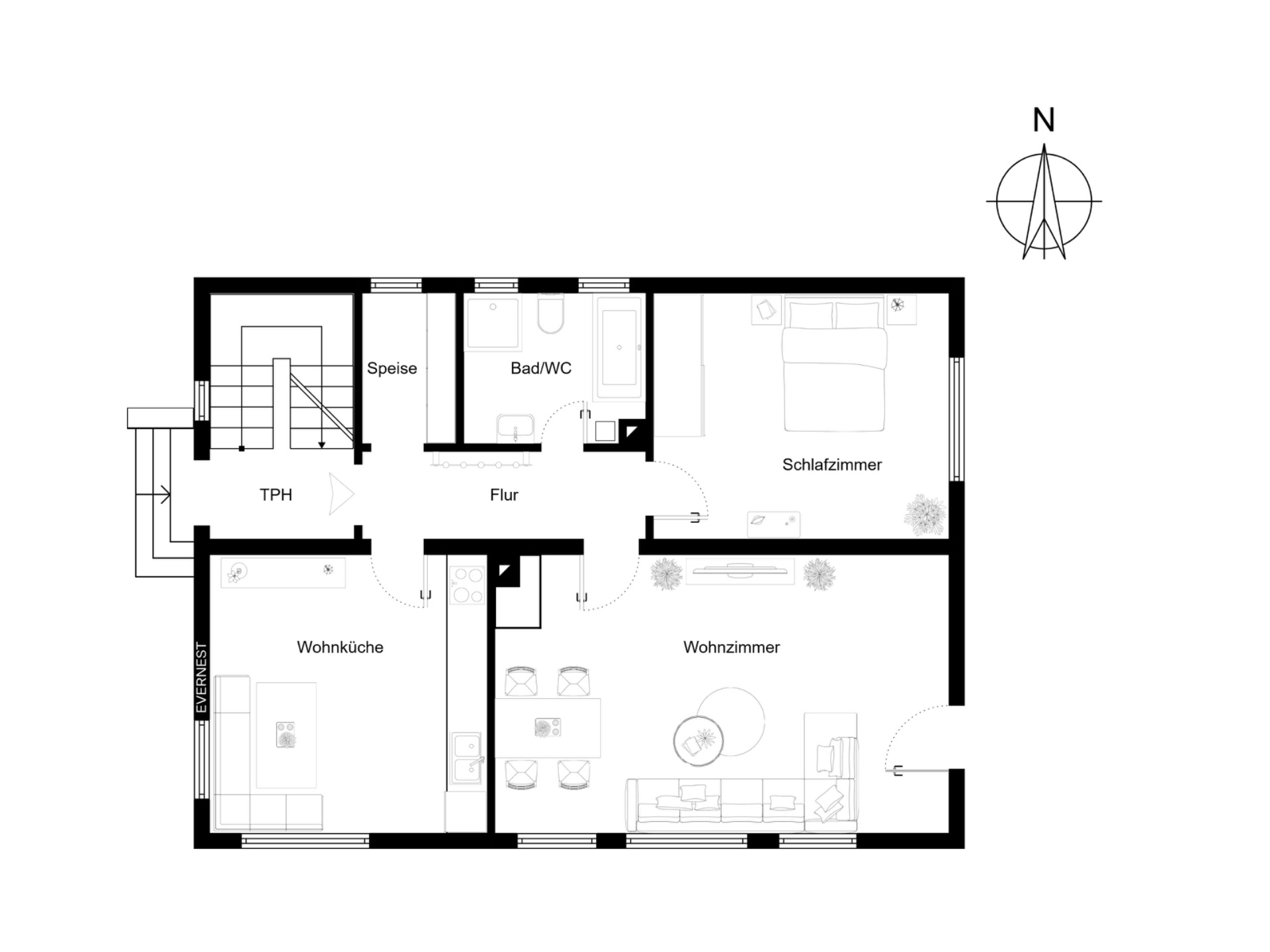 Grundriss zeigt Wohnküche, Wohnzimmer, Schlafzimmer, Bad/WC, Speisekammer und Flur.