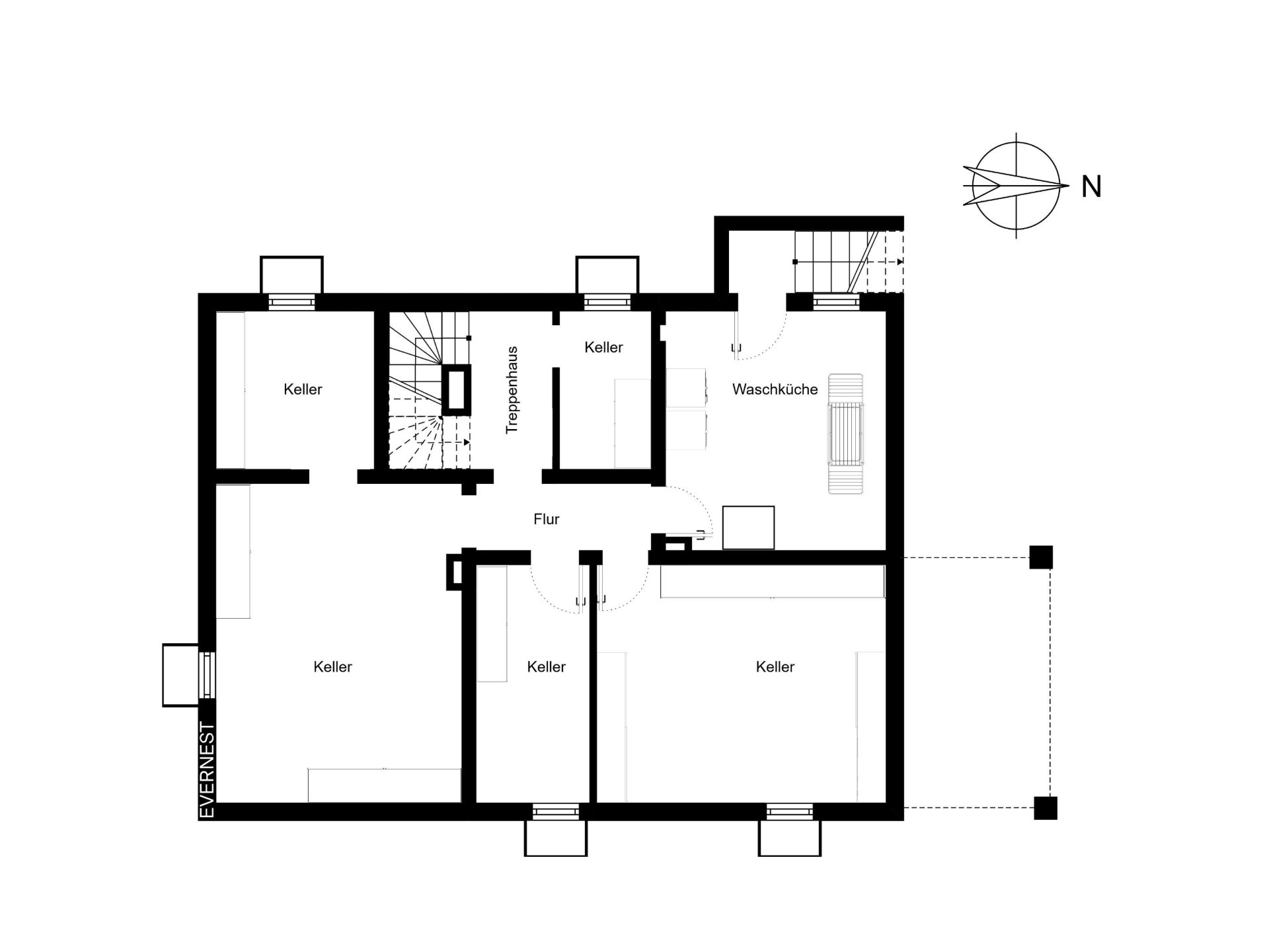Grundriss eines Kellers mit mehreren Kellerräumen, Flur, Treppenhaus und Waschküche.