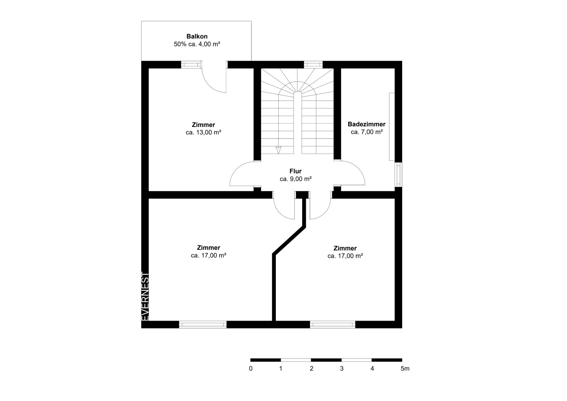 Grundriss mit Flur, drei Zimmern, Badezimmer und Balkon.