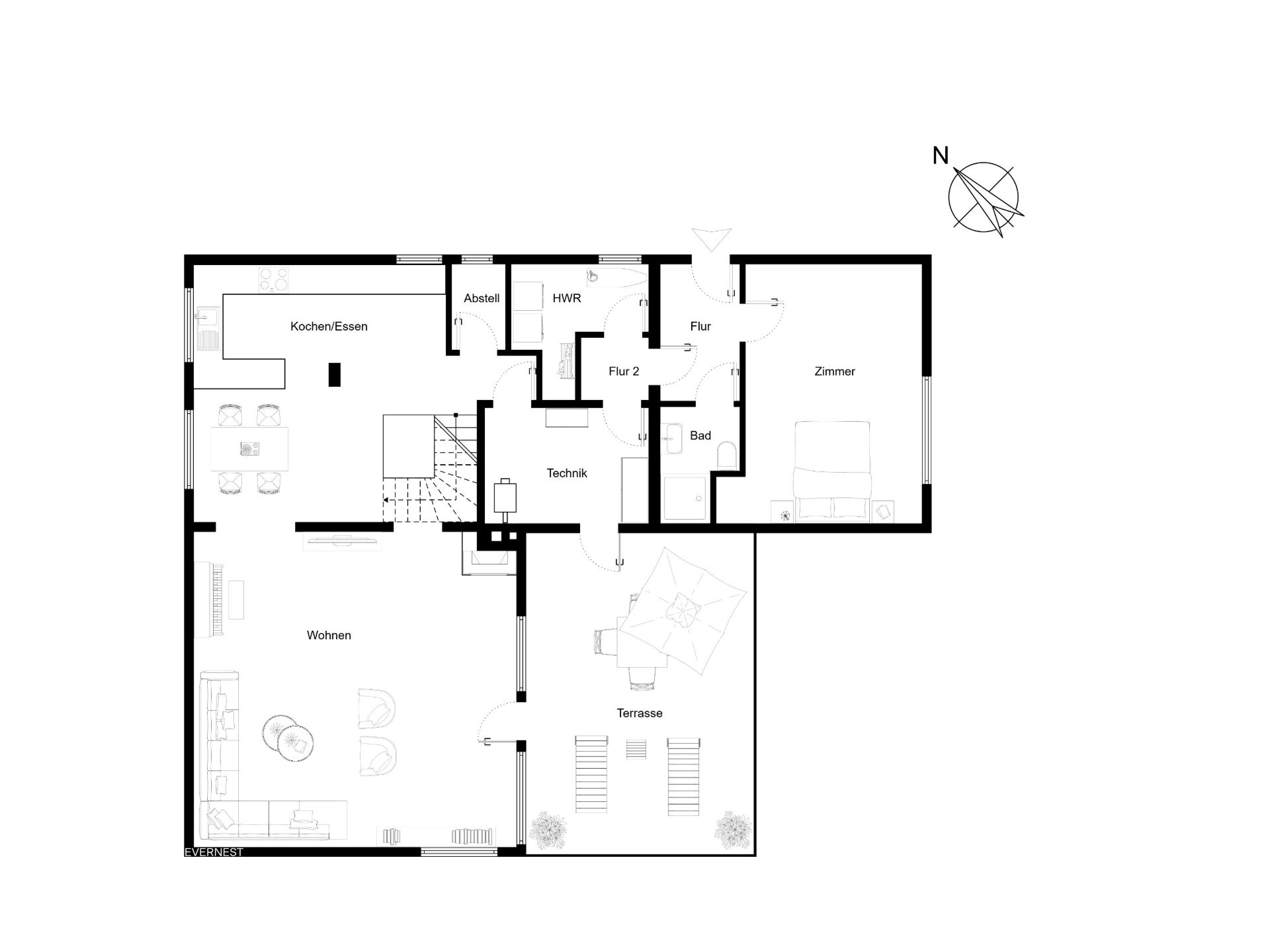 Grundriss eines Wohnhauses mit Wohnraum, Küche, Zimmer, Bad und Terrasse.