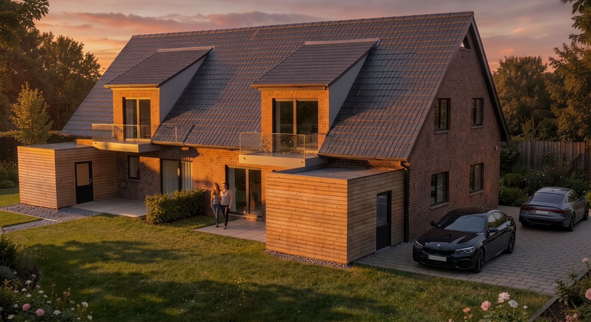 Modernes Doppelhaus mit Holz- und Klinkerfassade, zwei Autos parken rechts, zwei Personen am Eingang.