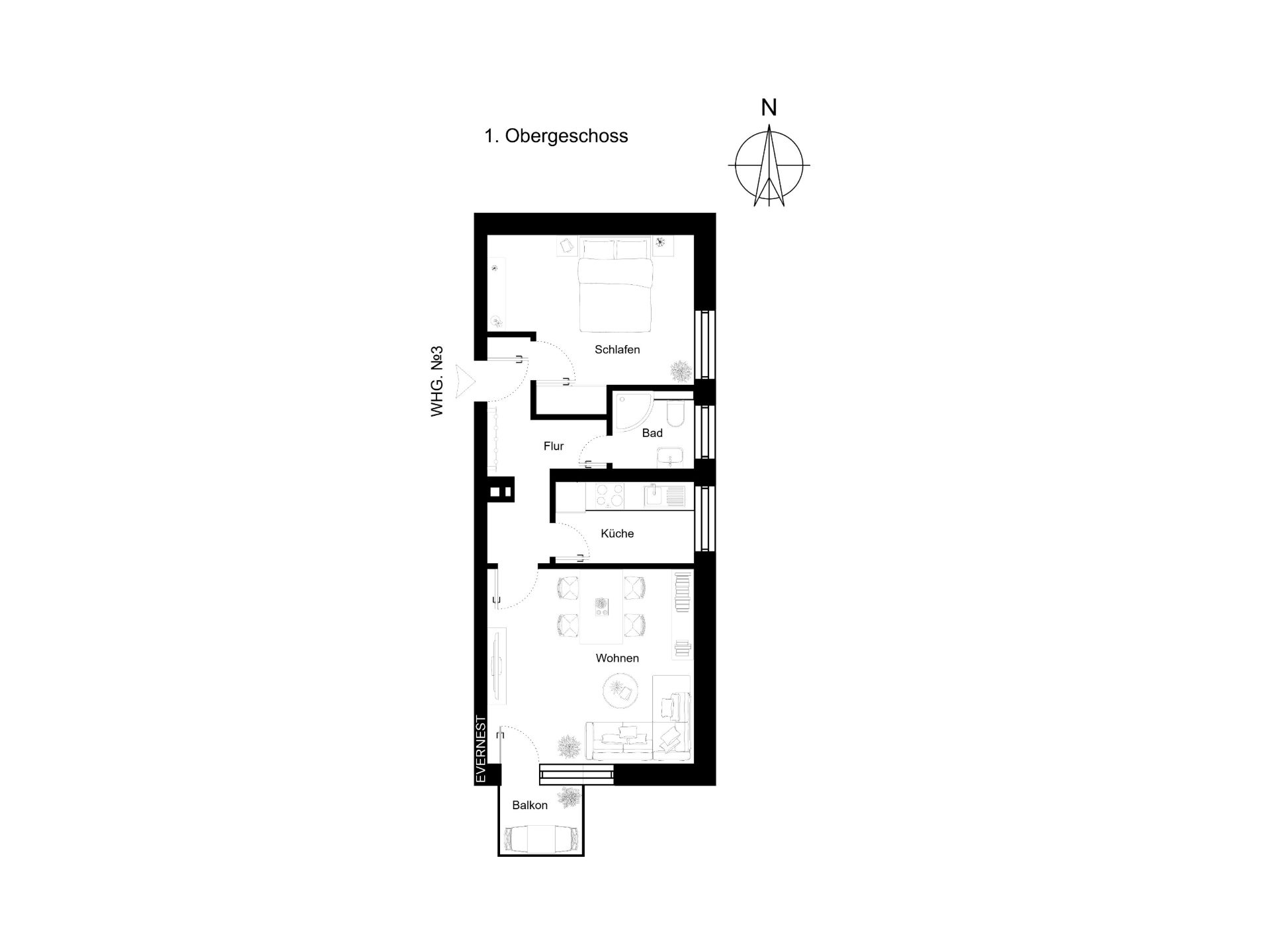 Grundriss einer Wohnung mit Schlafzimmer, Bad, Küche, Wohnzimmer und Balkon.