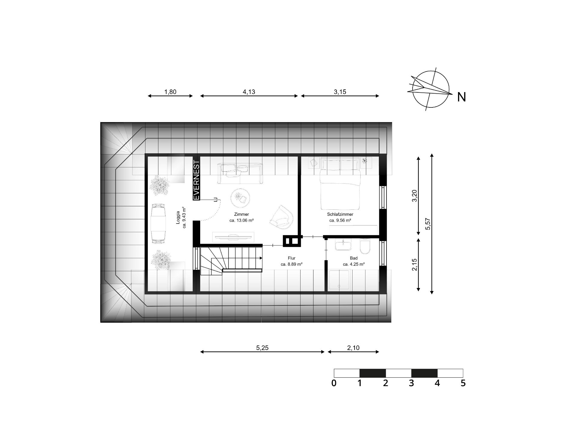 Grundriss eines Wohnhauses mit Zimmer, Schlafzimmer, Bad, Flur und Terrasse.