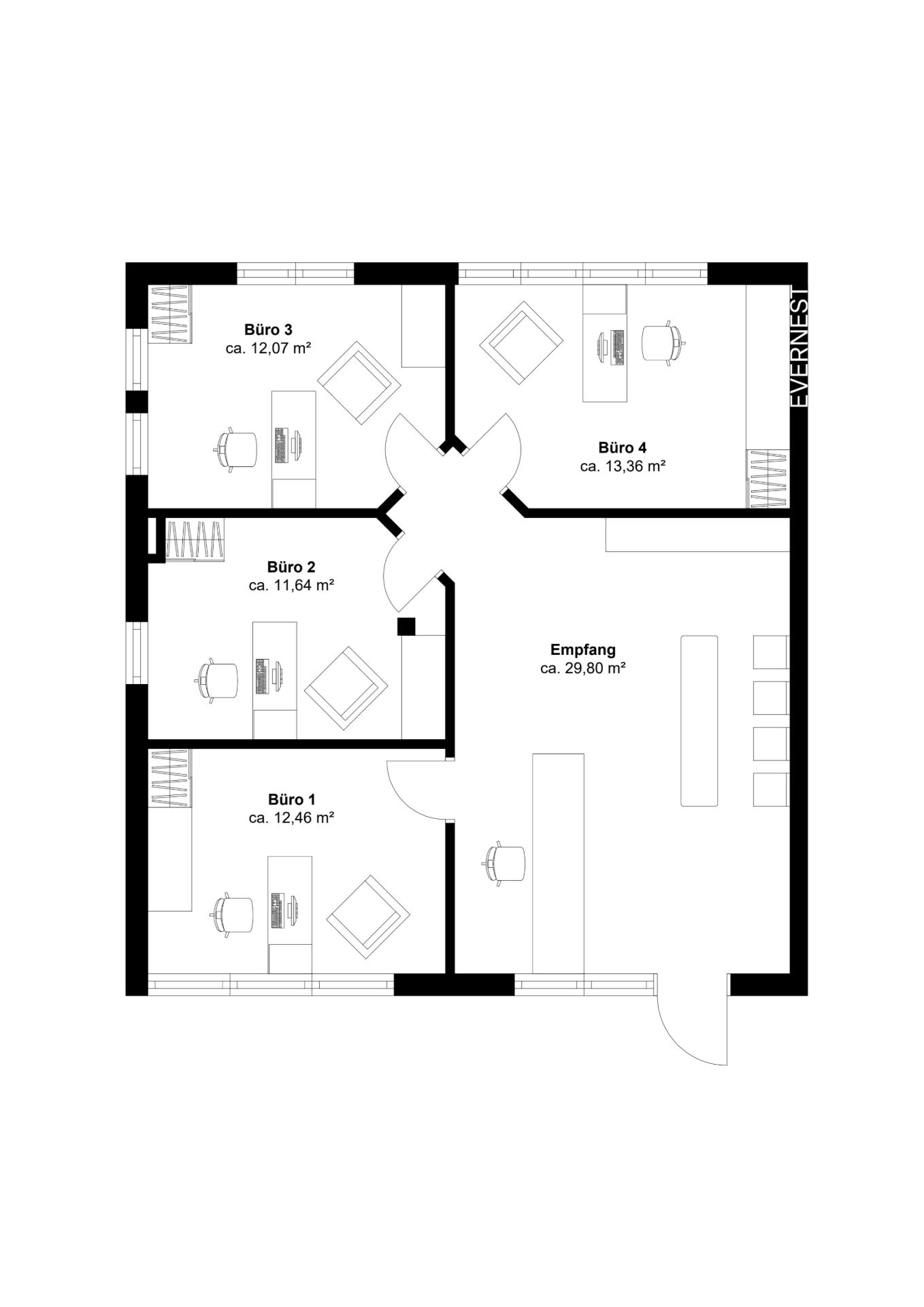 Grundriss mit vier Büroräumen und einem großen Empfangsbereich.