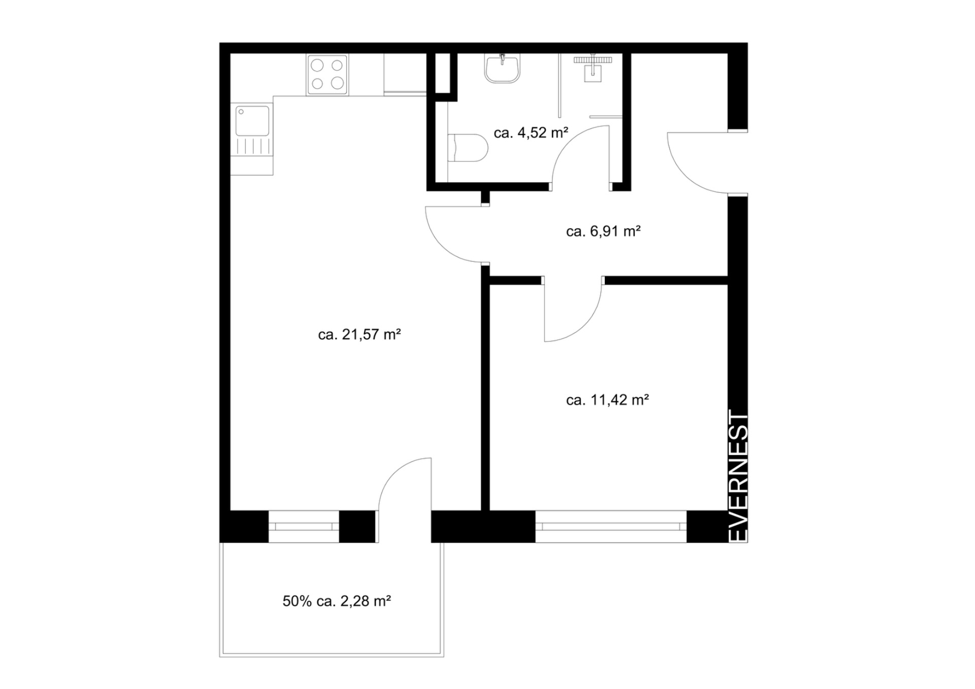 Grundriss einer Wohnung mit drei Räumen, Küche, Bad und Balkon, Flächenangaben in Quadratmetern.