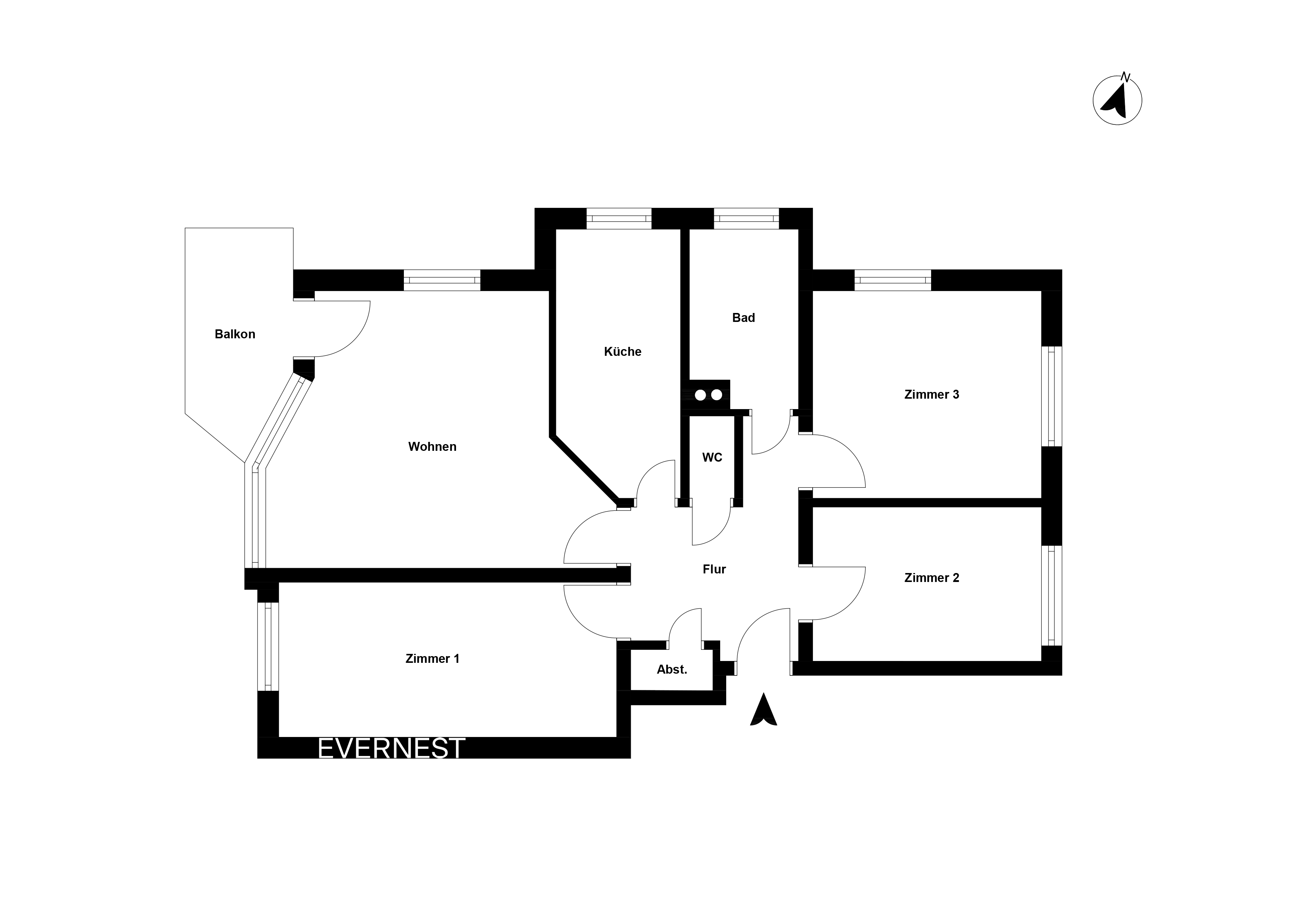 Grundriss einer Wohnung mit drei Zimmern, Wohnzimmer, Küche, Bad, WC, Flur, Abstellraum und Balkon.