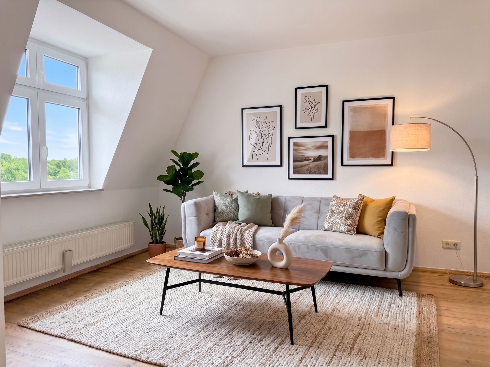 Helles Wohnzimmer mit Sofa, Couchtisch, Pflanzen, Stehlampe und Bildern an der Wand.