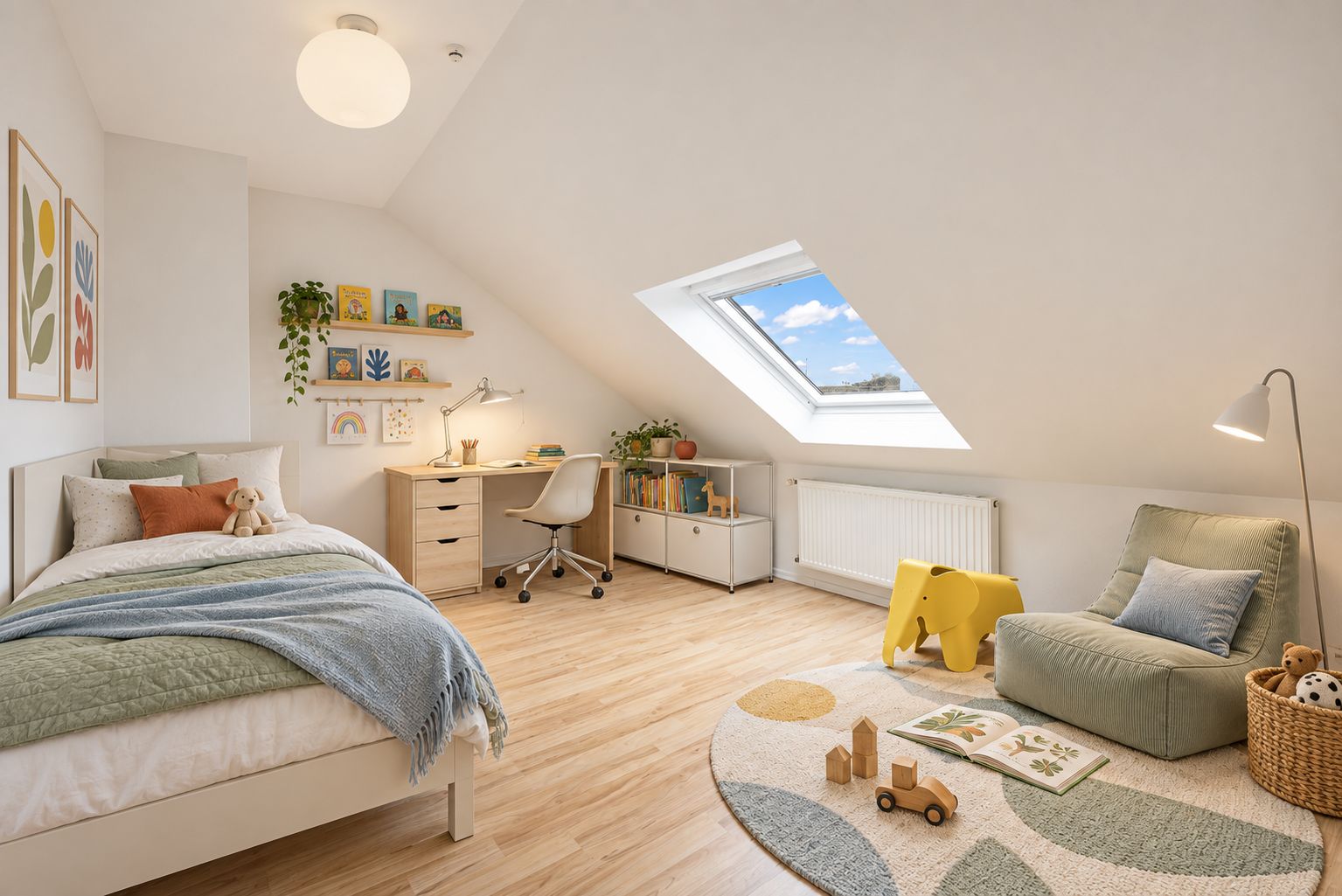 Kinderzimmer mit Bett, Schreibtisch, Spielteppich, Sessel und großem Dachfenster.
