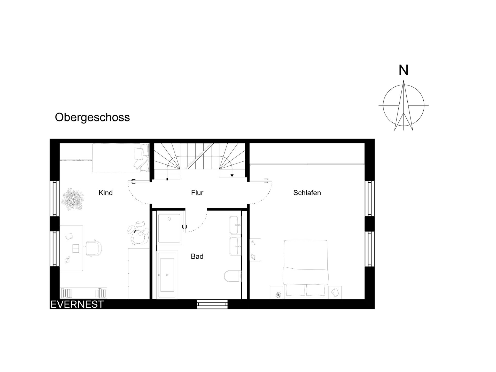 Grundriss des Obergeschosses mit Kinderzimmer, Schlafzimmer, Bad und Flur.