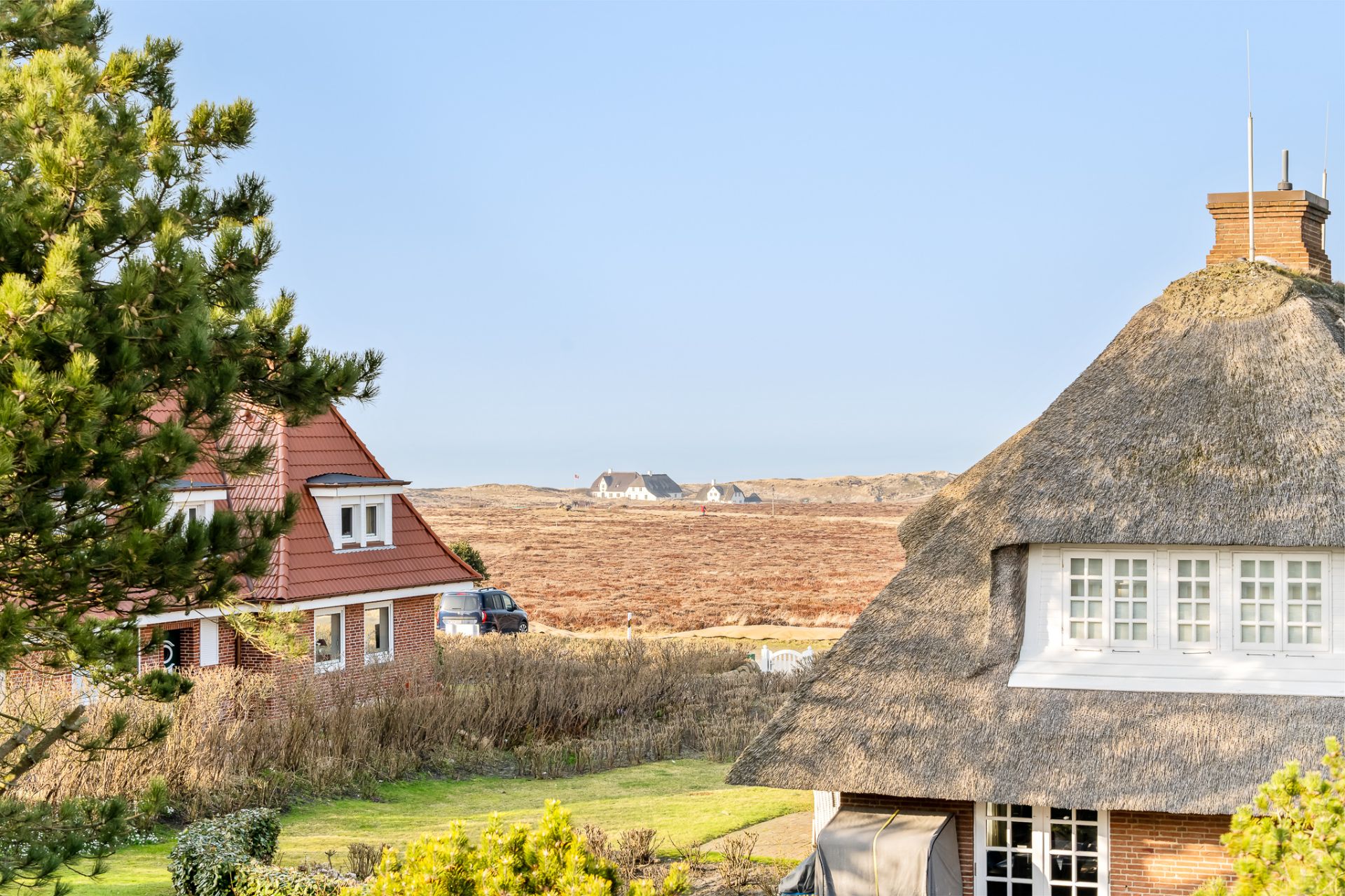 Zwei Wohnhäuser mit Reetdach und Garten, dahinter eine offene Heidelandschaft.